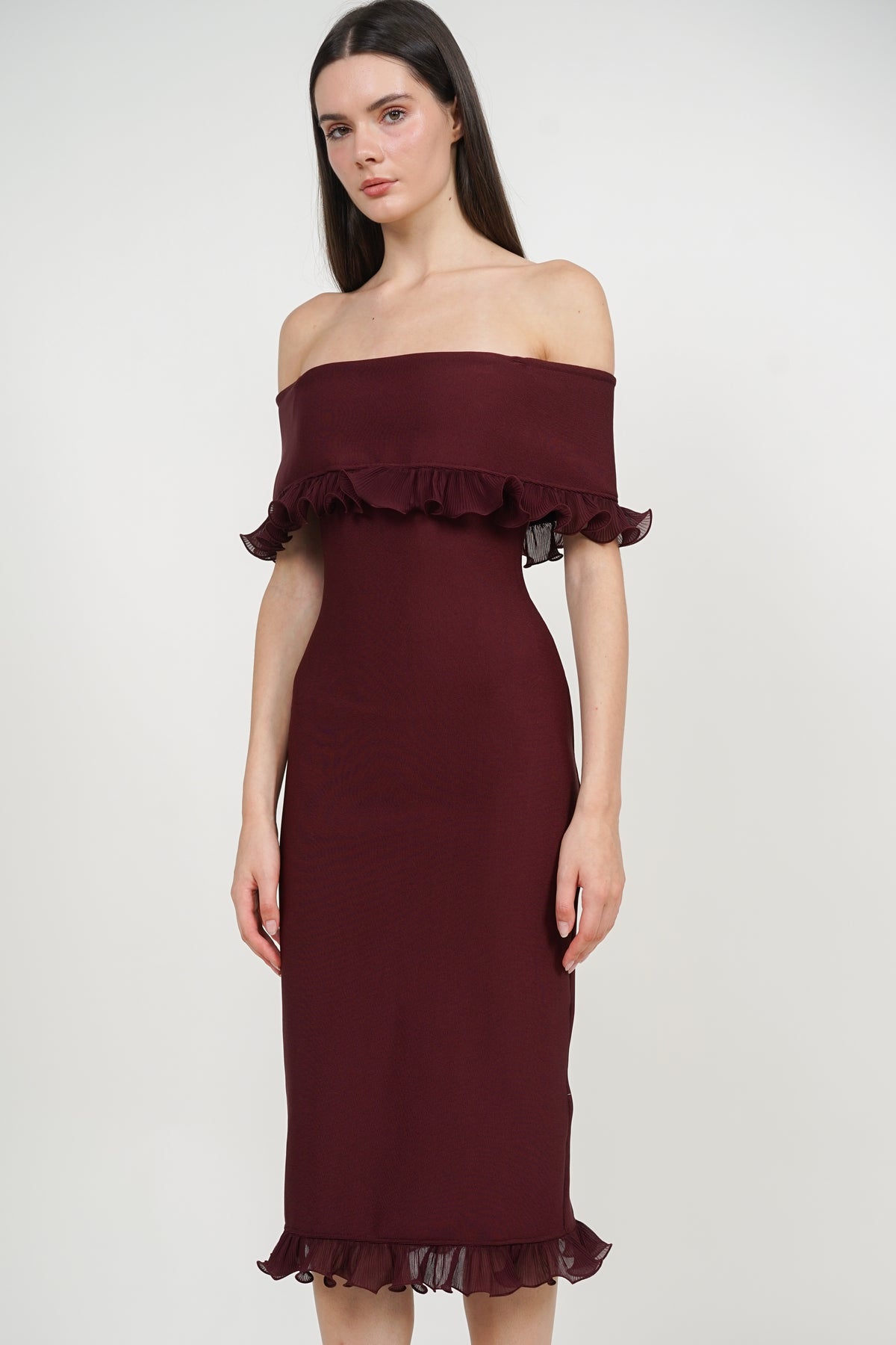 Off-Shoulder Ruffled Frill-Hem Dress in Dark Wine