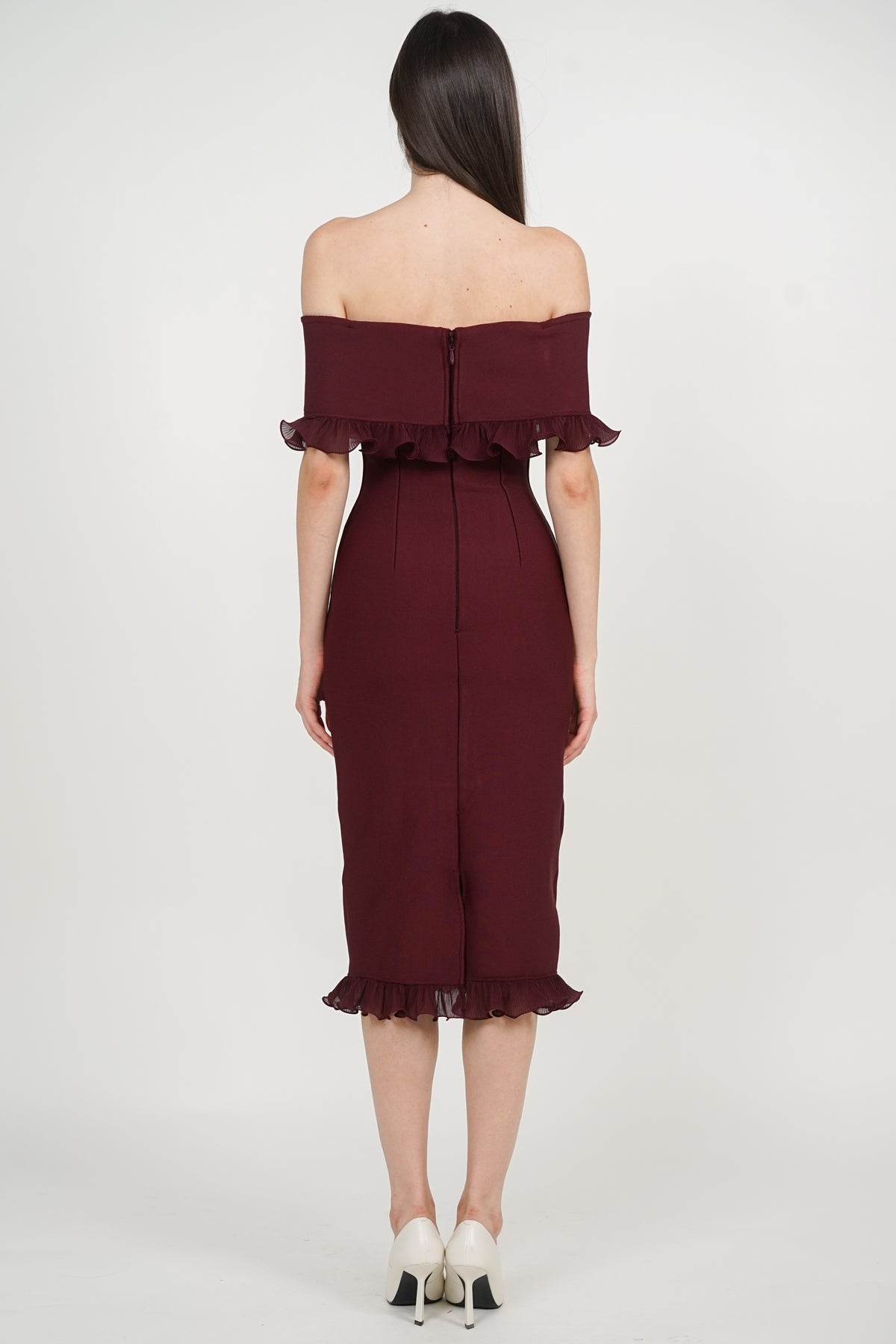 Off-Shoulder Ruffled Frill-Hem Dress in Dark Wine