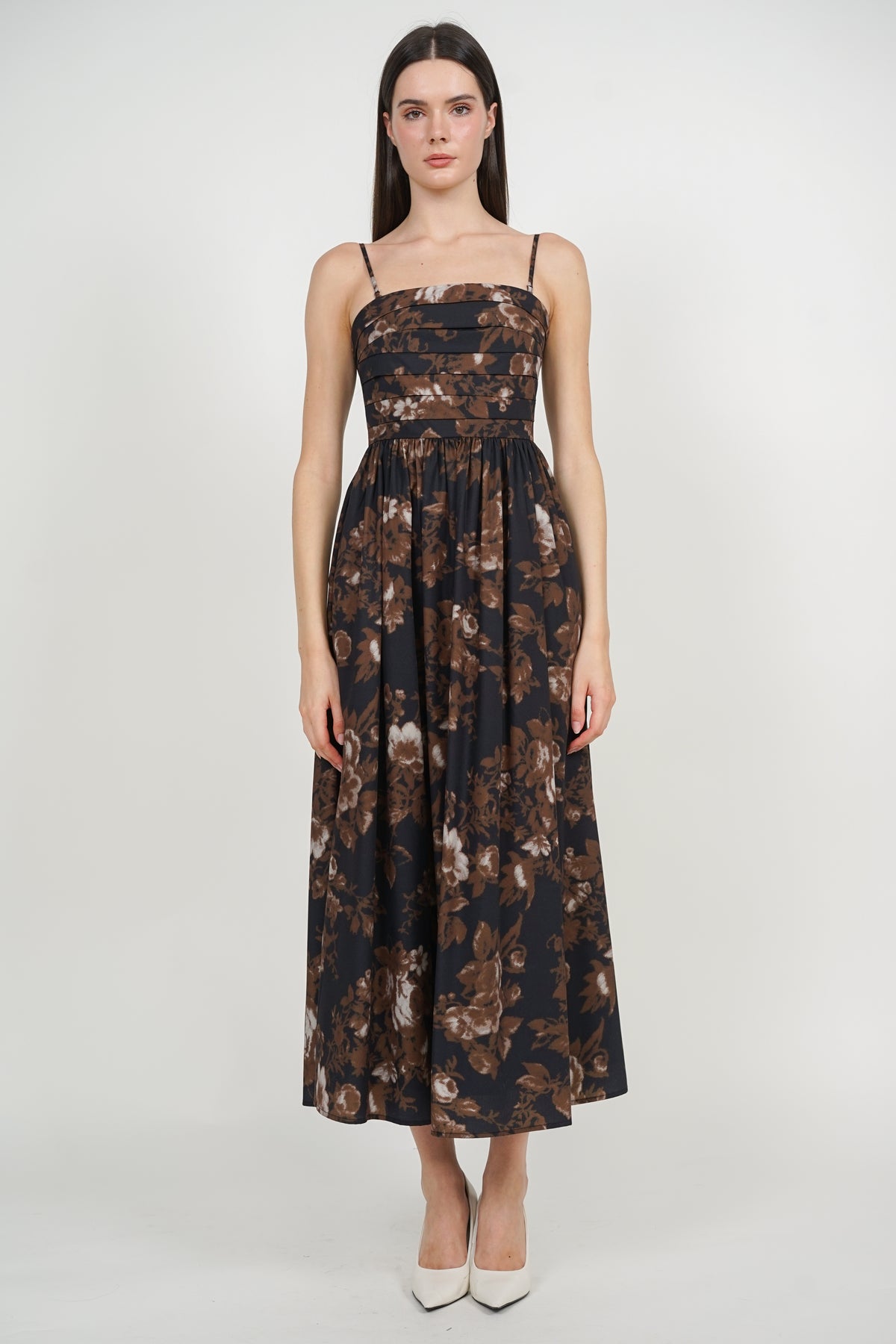 Maxi Pleated Flare Dress in Black Floral