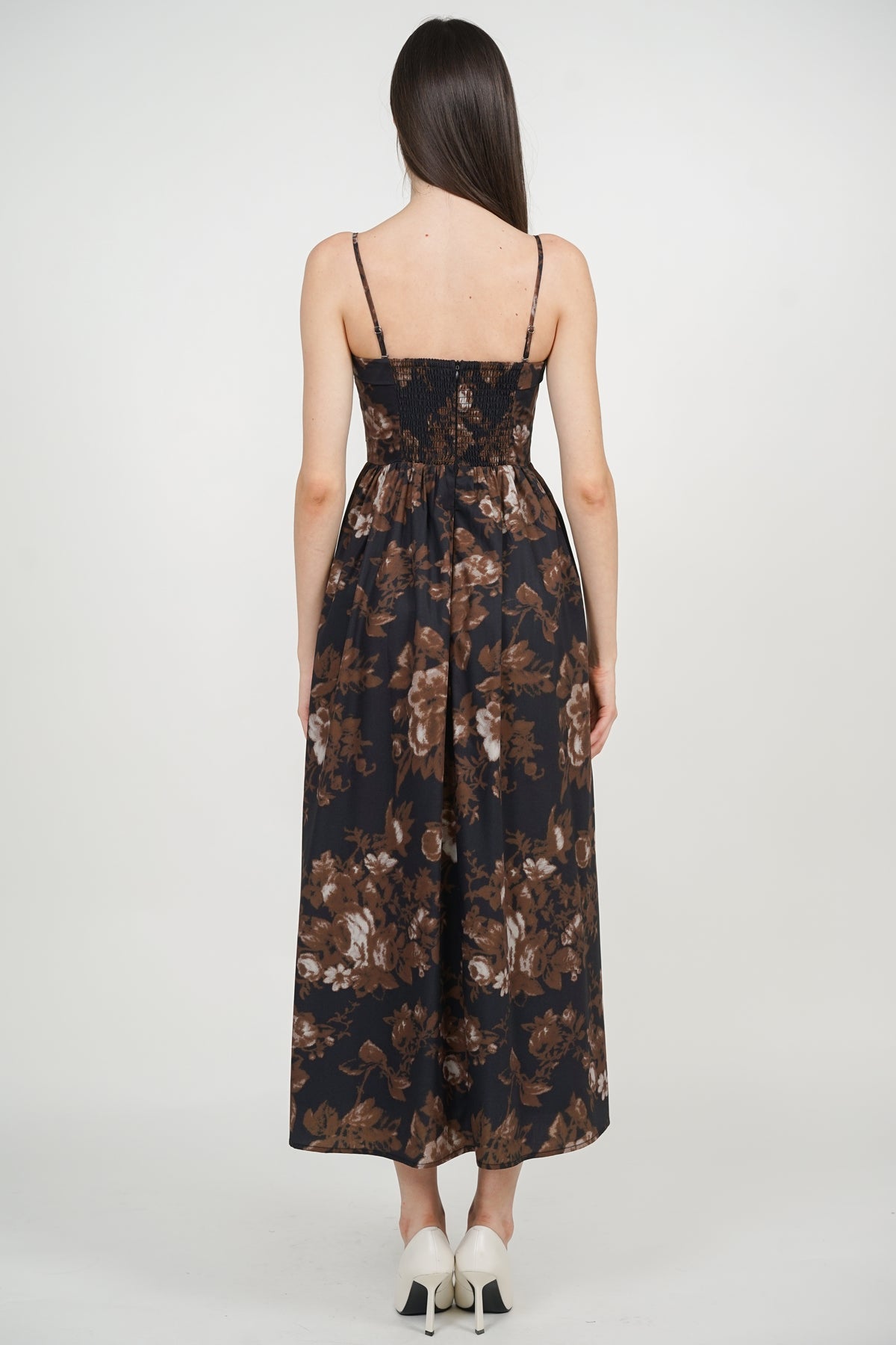 Maxi Pleated Flare Dress in Black Floral