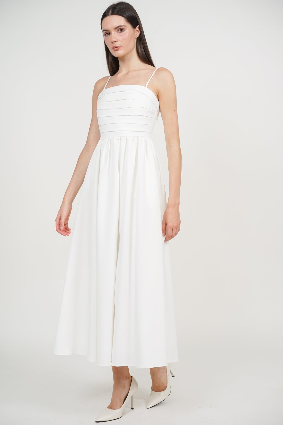 Maxi Pleated Flare Dress in White