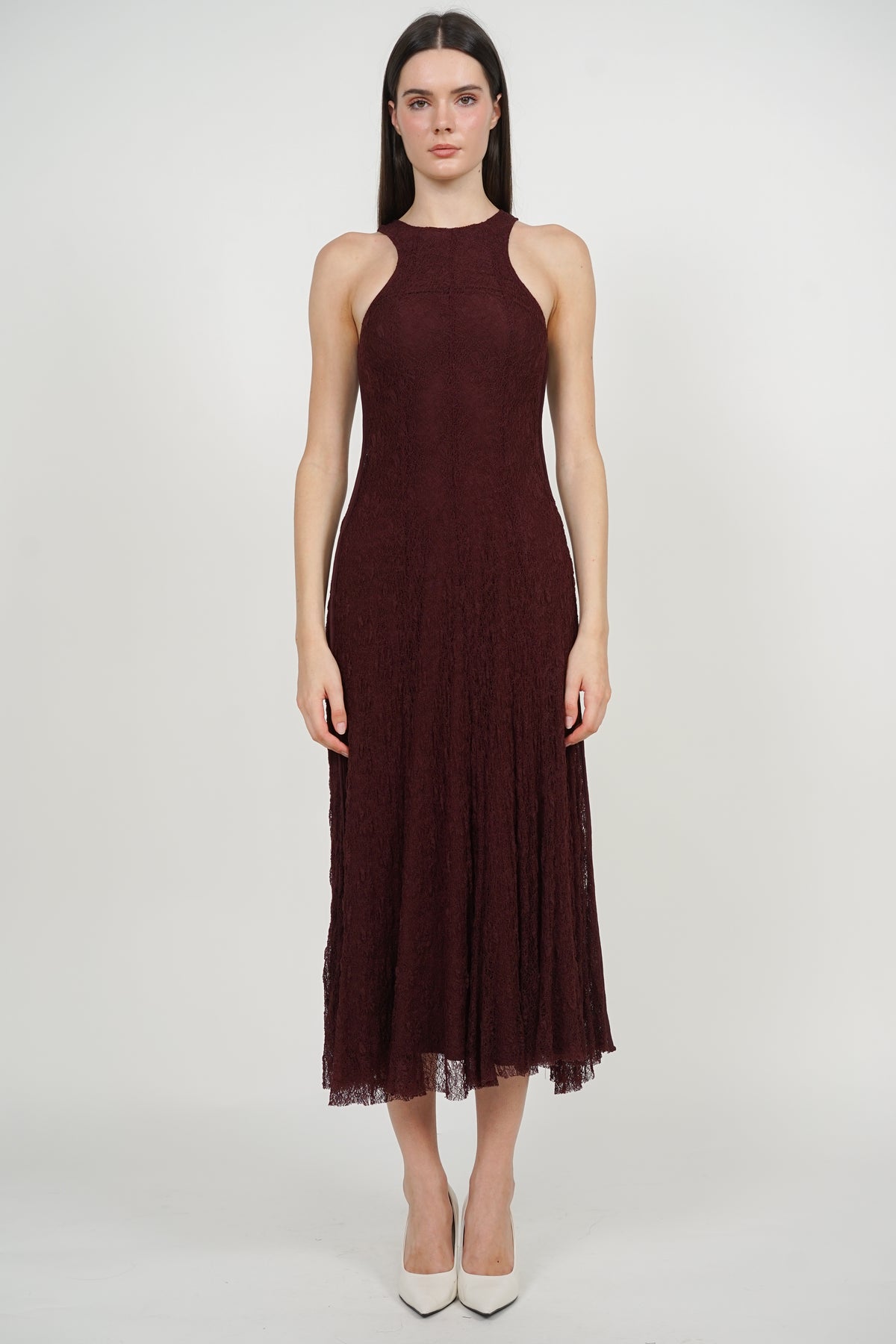 Racerback Tank Maxi Lace Dress in Burgundy