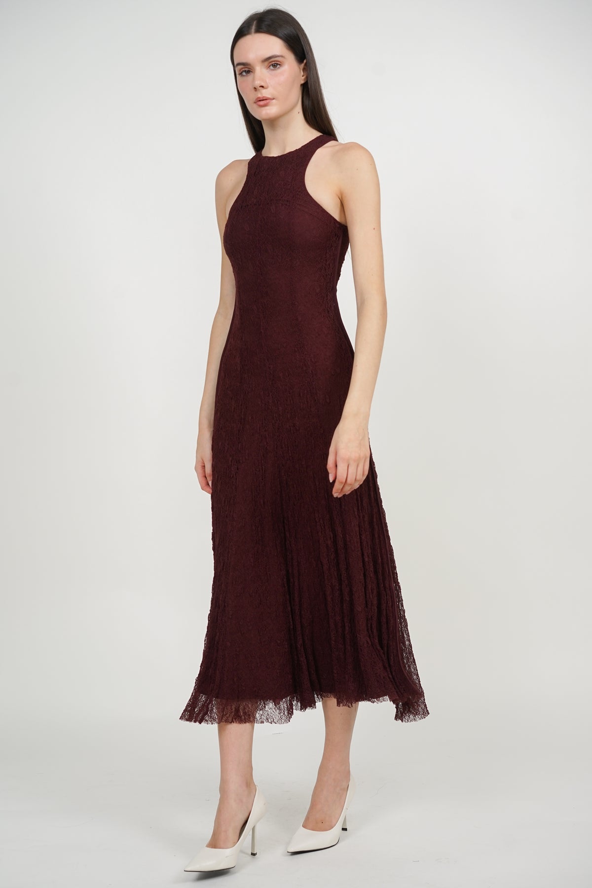 Racerback Tank Maxi Lace Dress in Burgundy