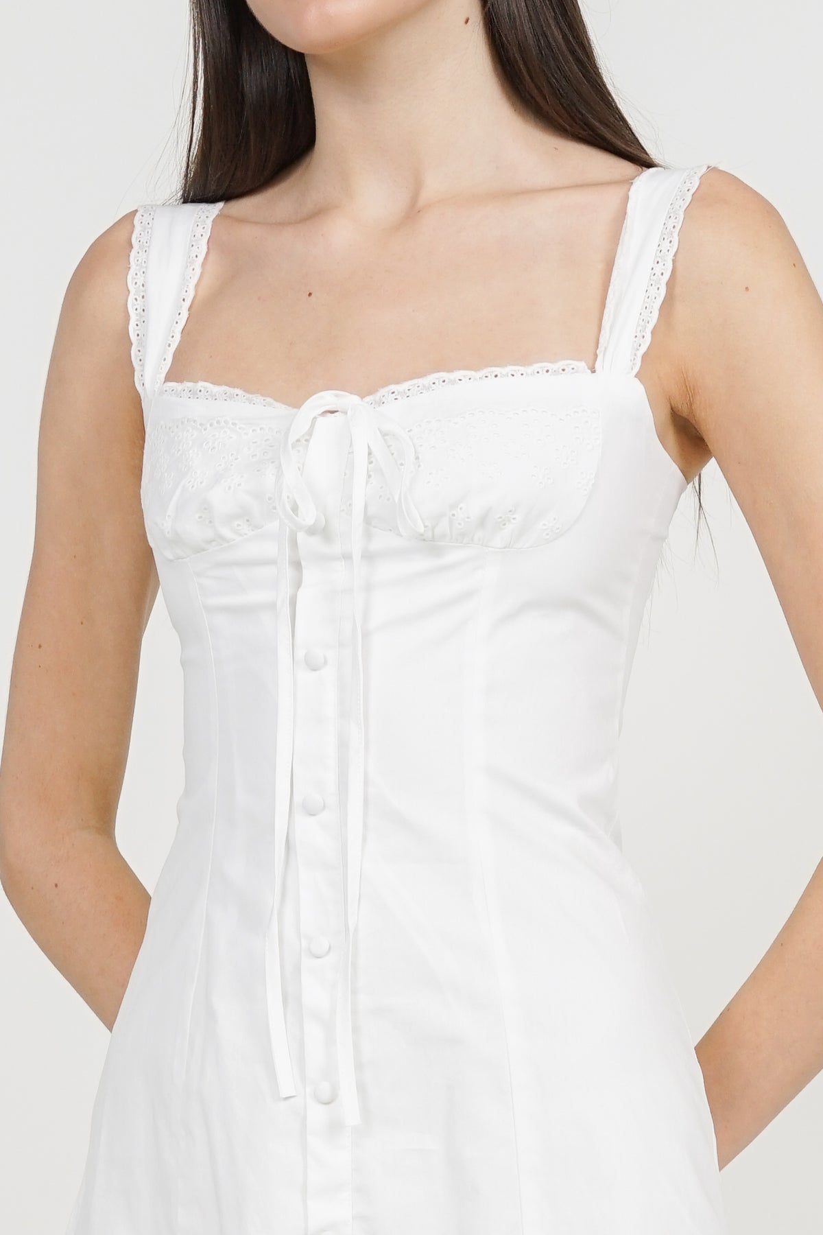 Lace Tie-Waist Mini Dress in White Eyelet