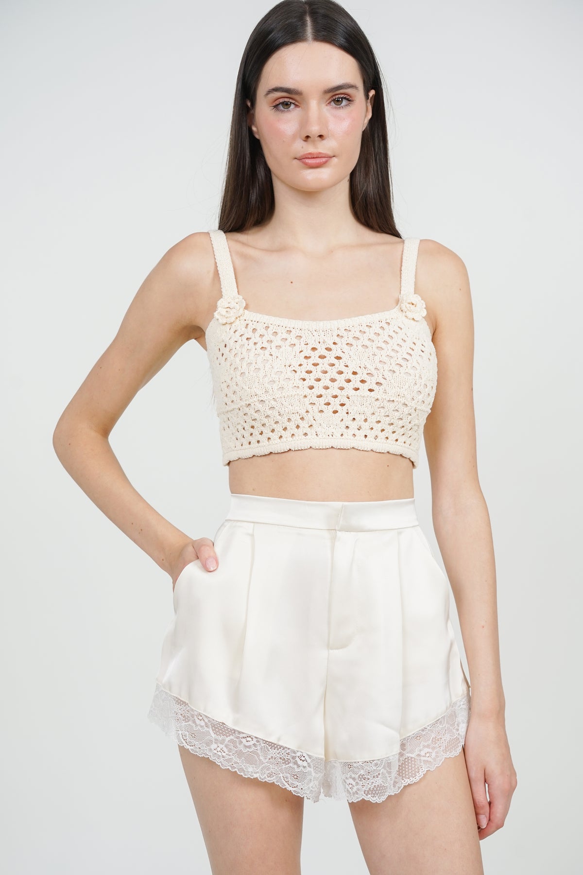 Lace-Hem Shorts in Beige