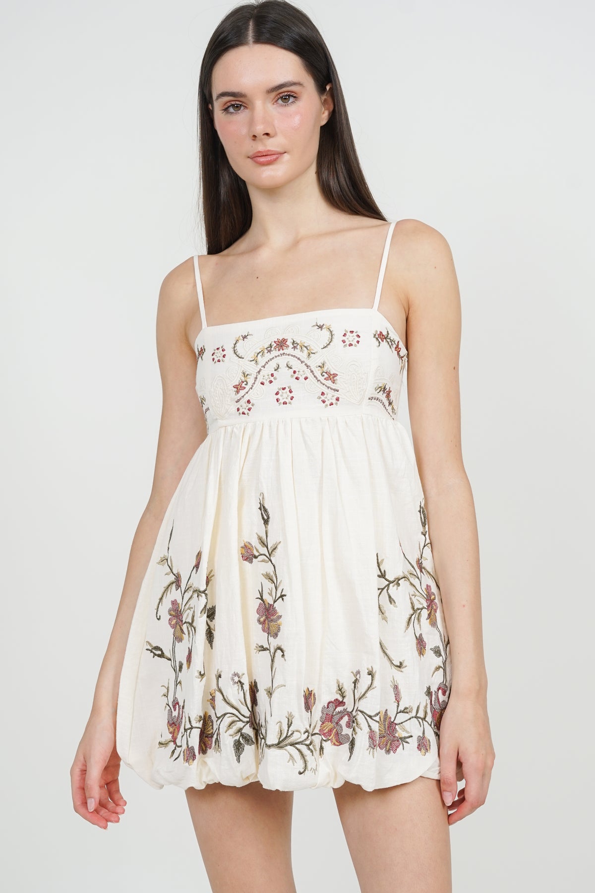 Balloon-Hem Embroidered Top in Cream Floral