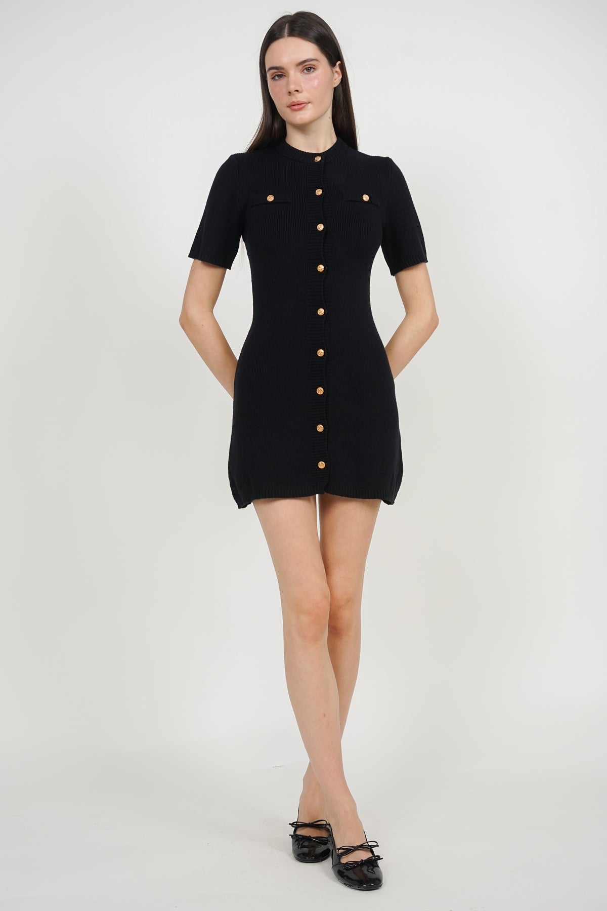 Button Knitted Dress in Black