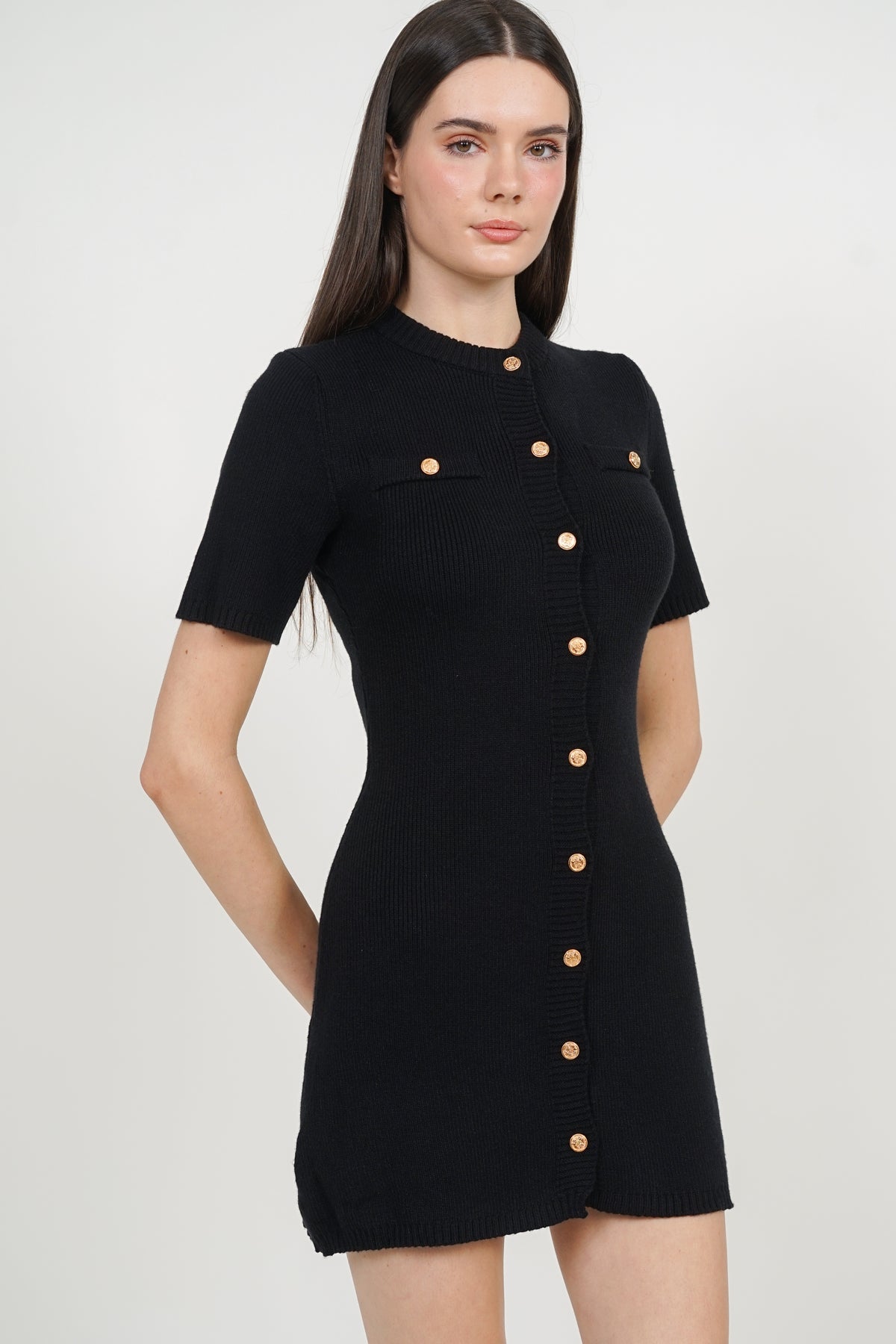 Button Knitted Dress in Black