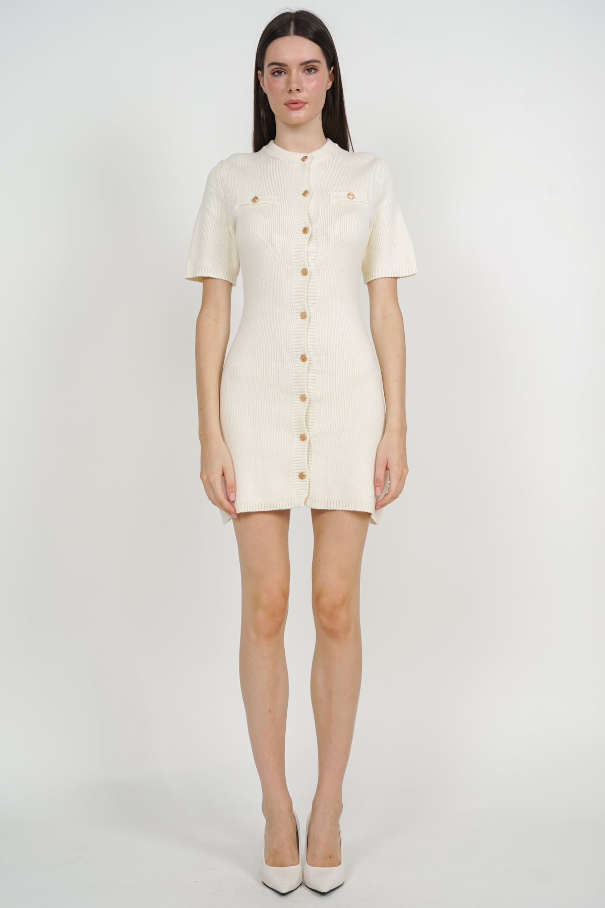 Button Knitted Dress in White