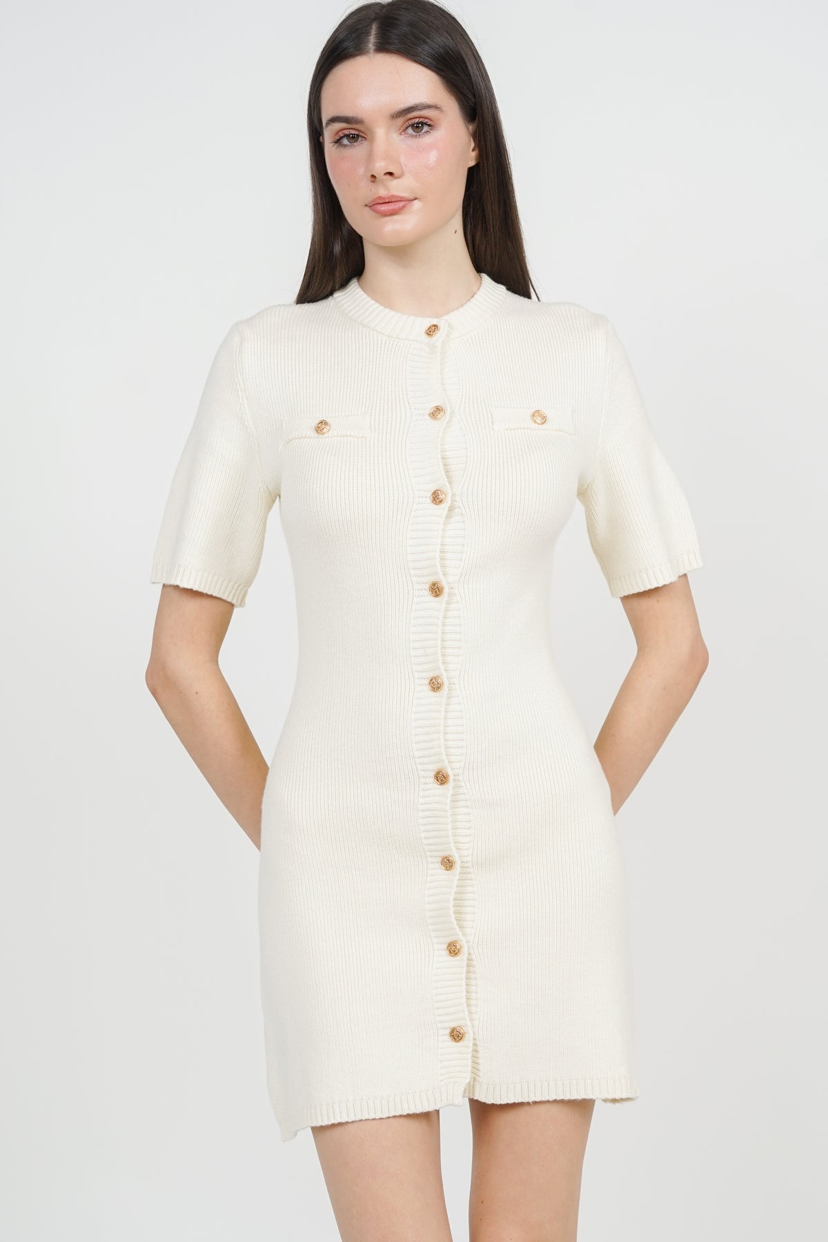 Button Knitted Dress in White