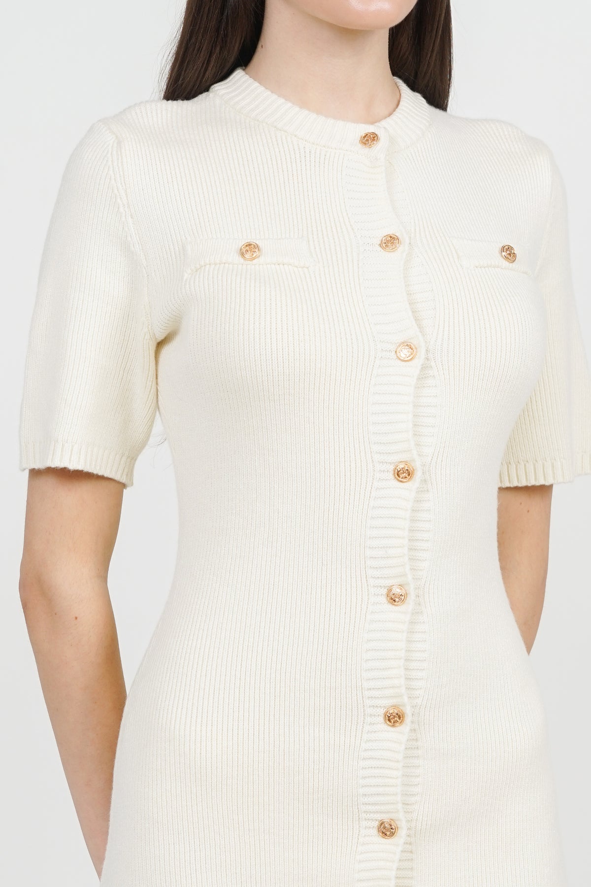 Button Knitted Dress in White