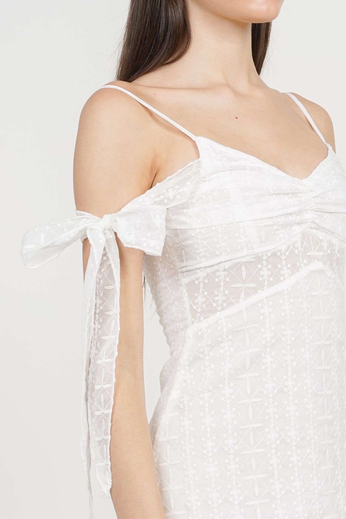 Cold-Shoulder Sleeve Embroidered Dress in White