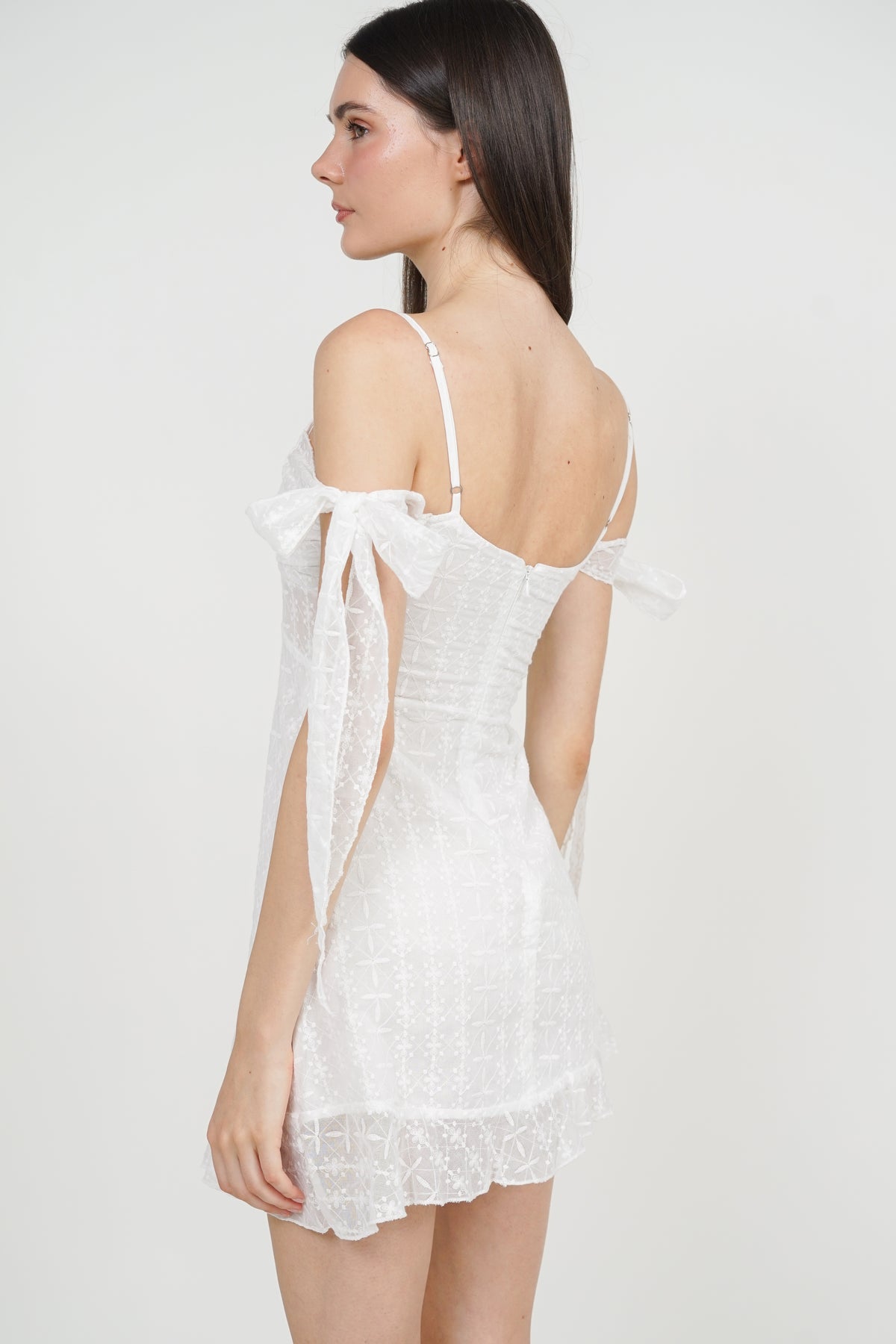 Cold-Shoulder Sleeve Embroidered Dress in White