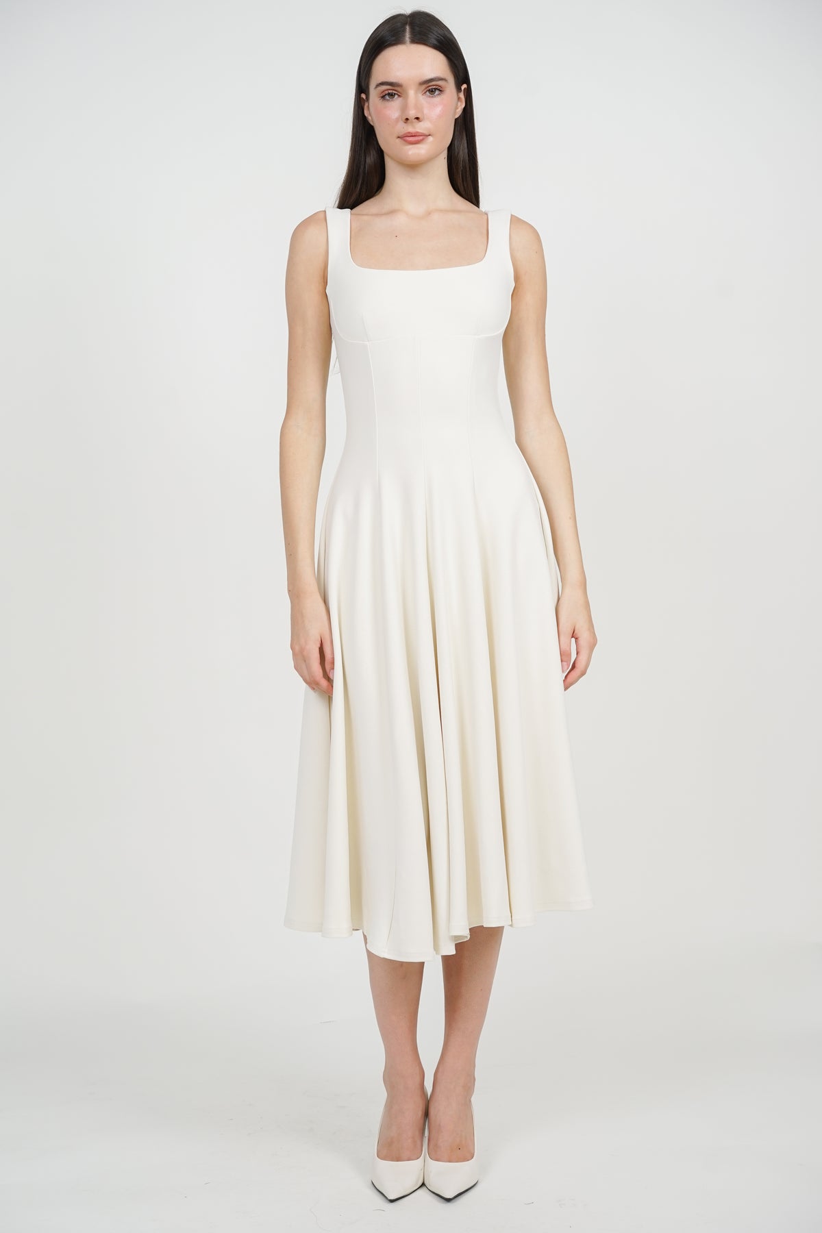 Square Neck Flare Midi Dress in Apricot