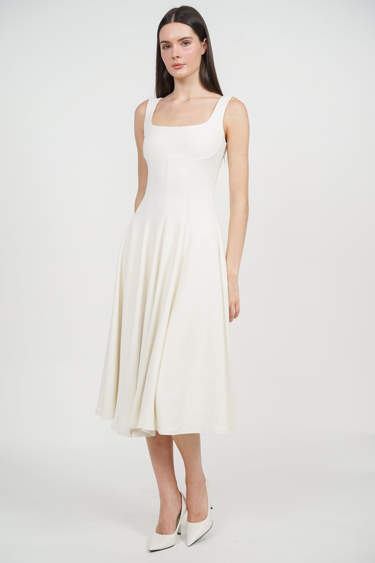 Square Neck Flare Midi Dress in Apricot