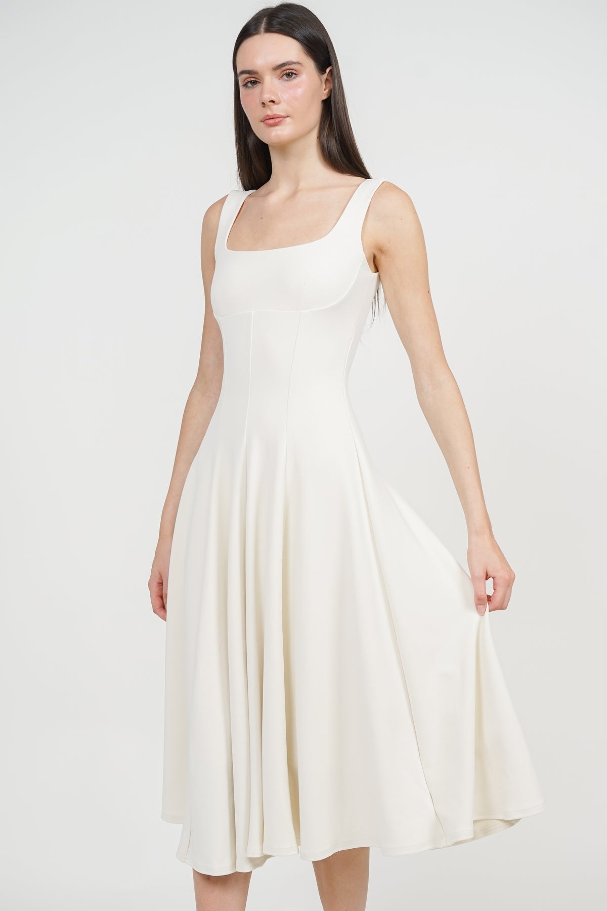 Square Neck Flare Midi Dress in Apricot