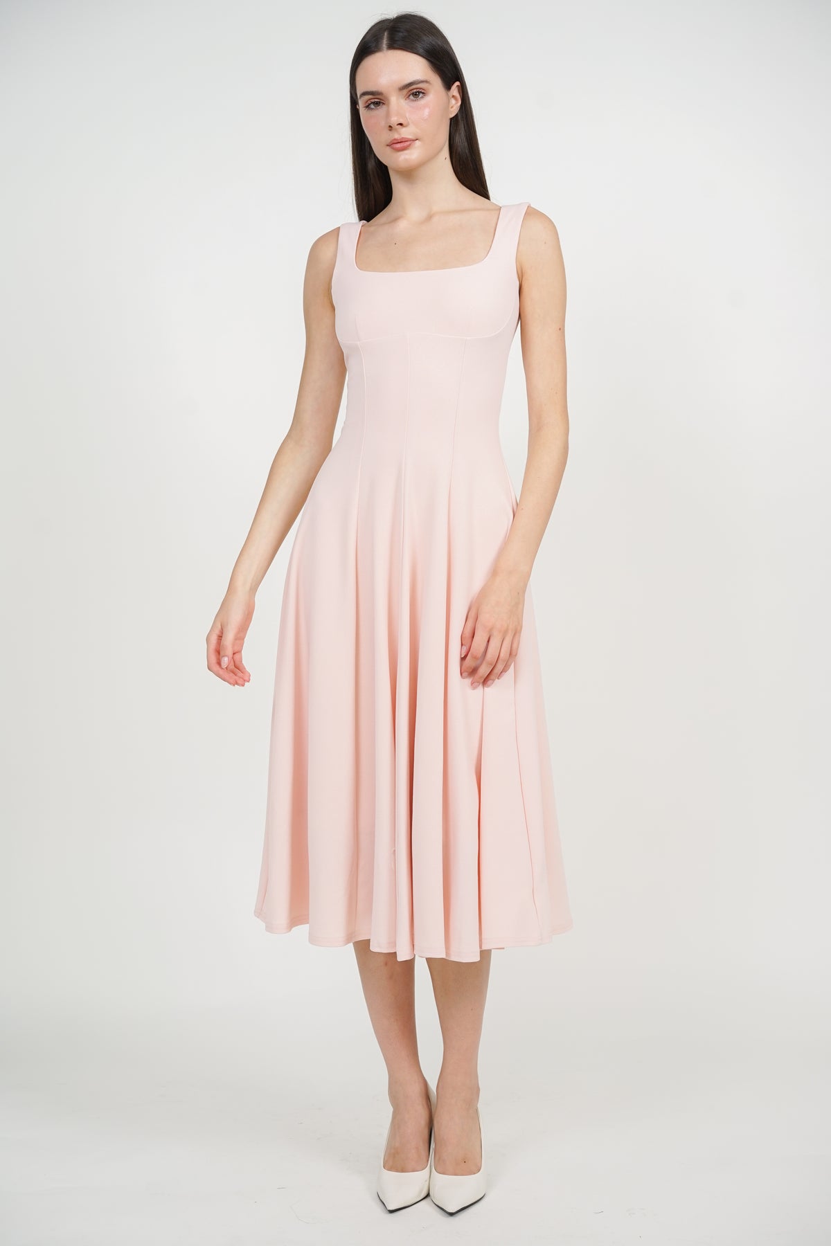 Square Neck Flare Midi Dress in Pink