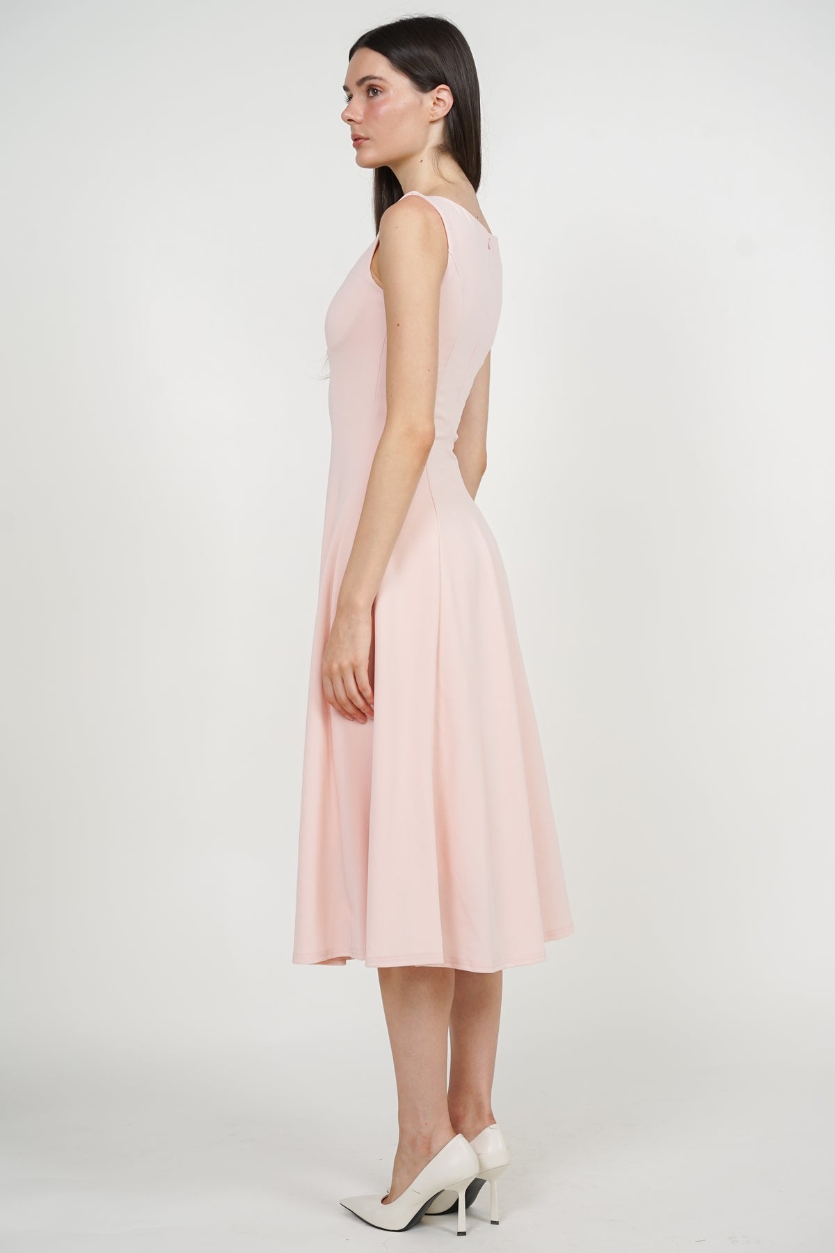 Square Neck Flare Midi Dress in Pink