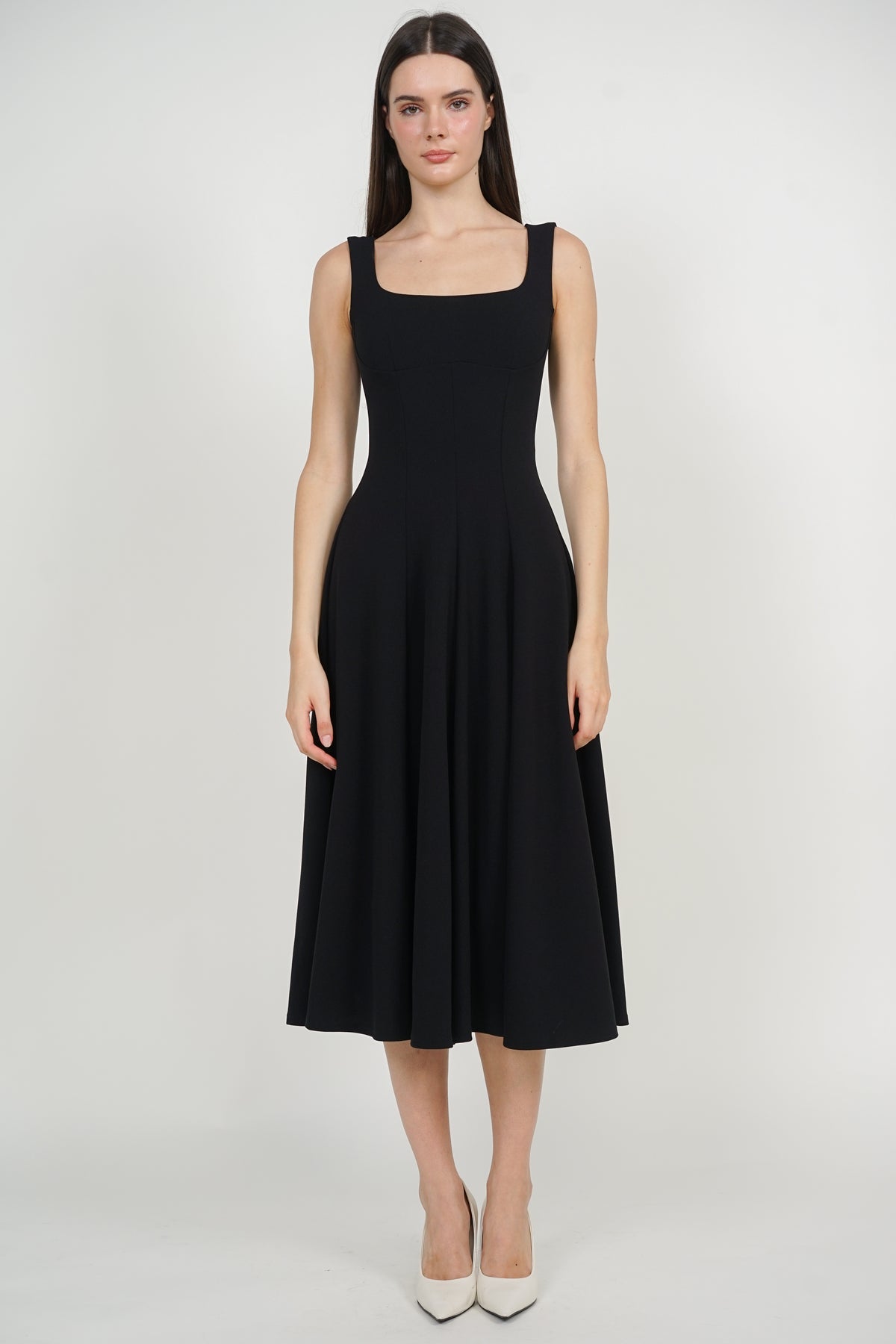 Square Neck Flare Midi Dress in Black