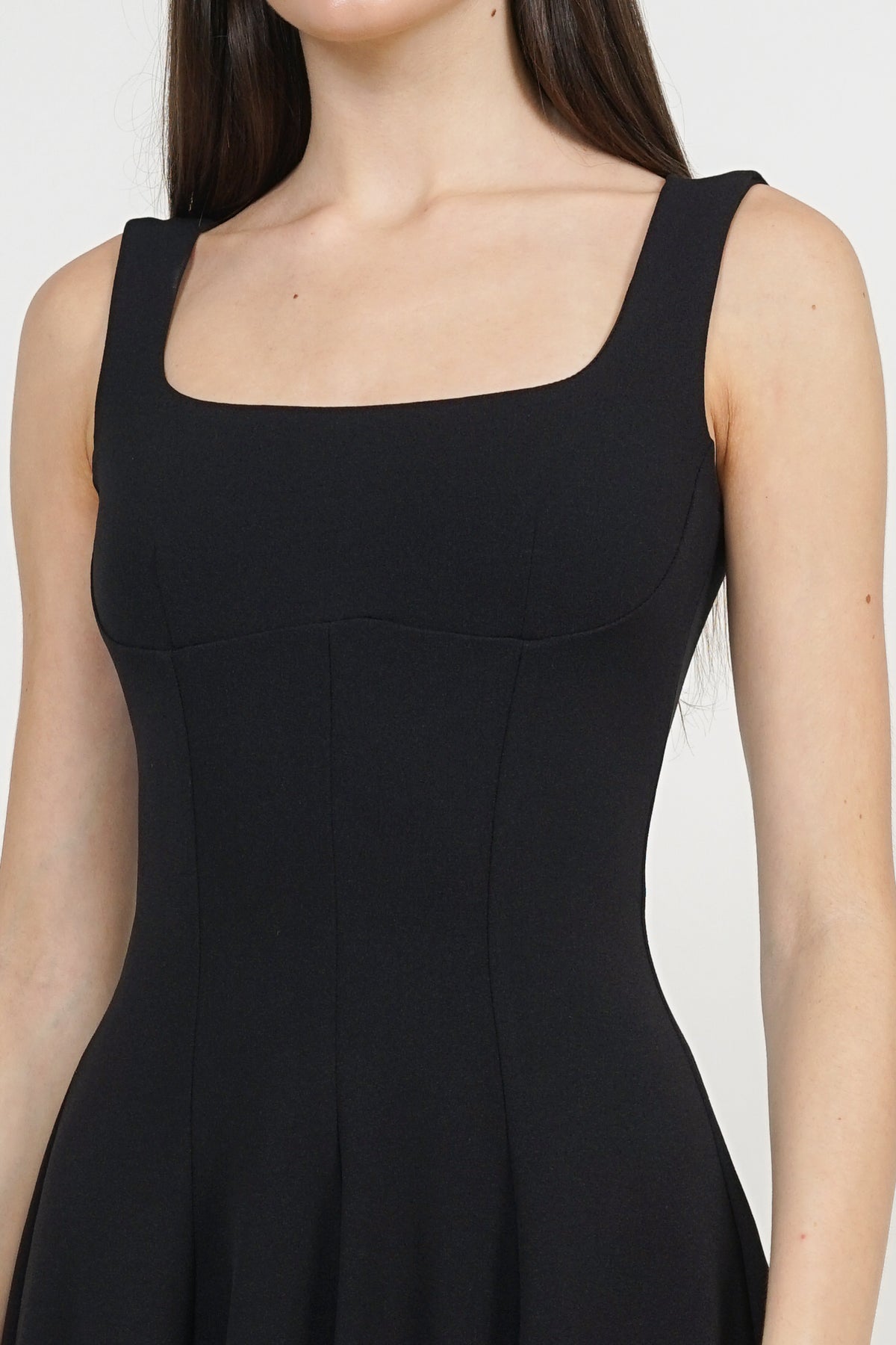 Square Neck Flare Midi Dress in Black