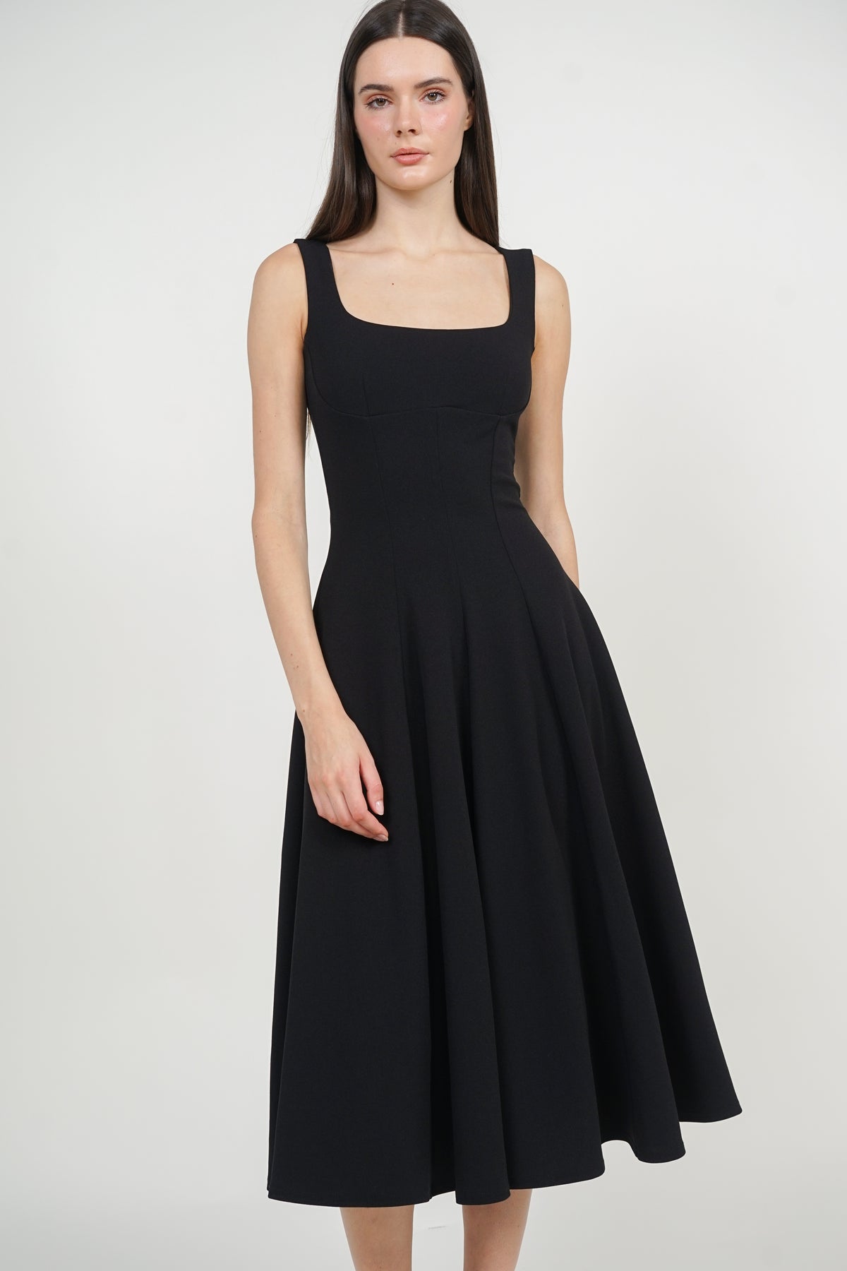 Square Neck Flare Midi Dress in Black