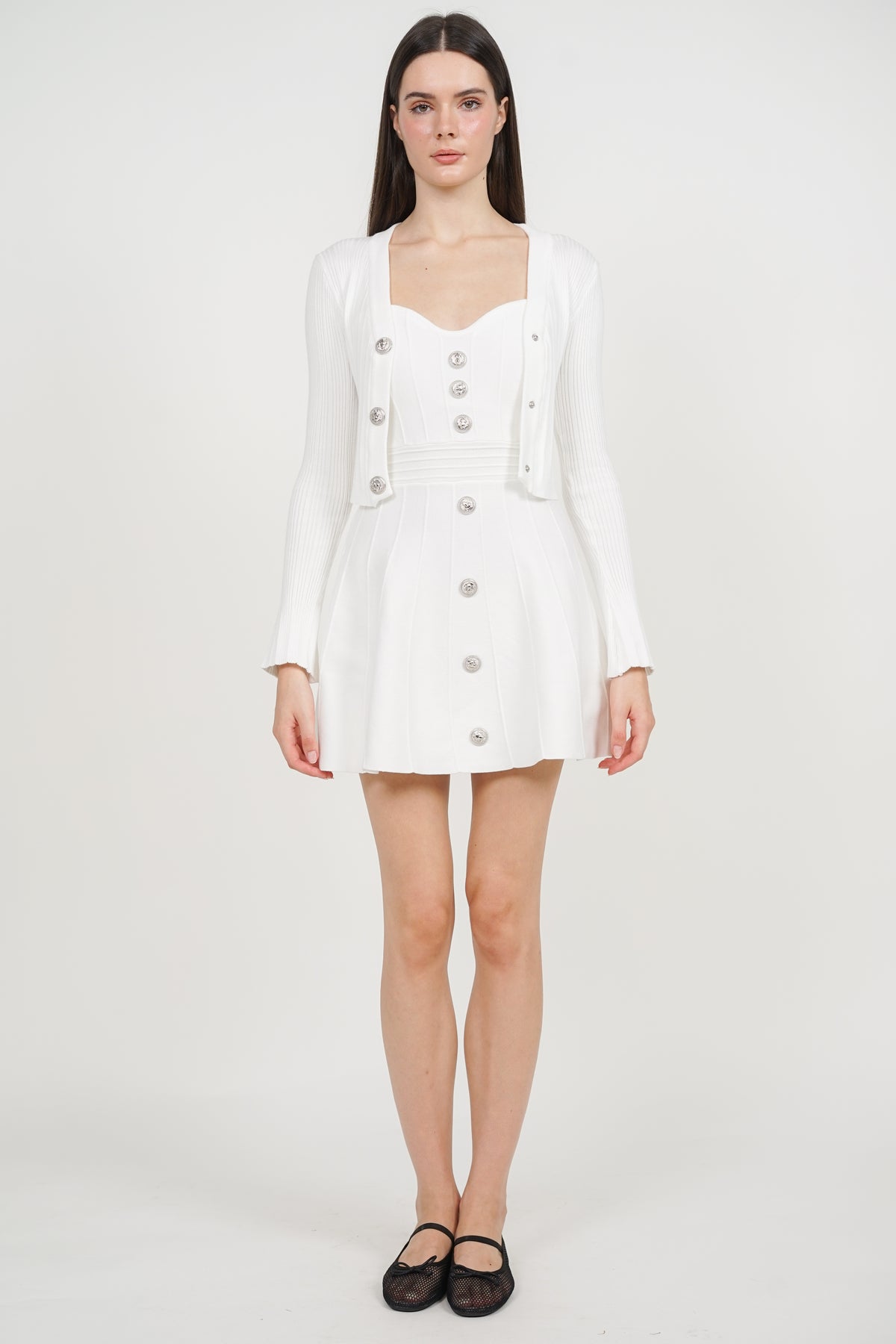 Knitted Button Cardi Dress Set in White