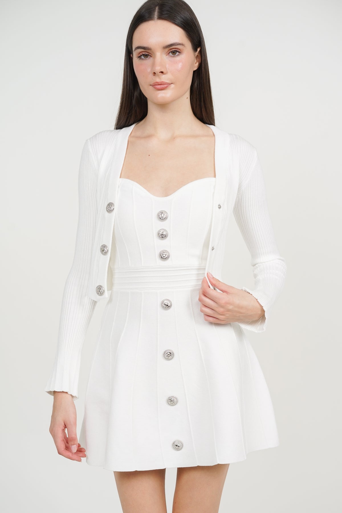 Knitted Button Cardi Dress Set in White