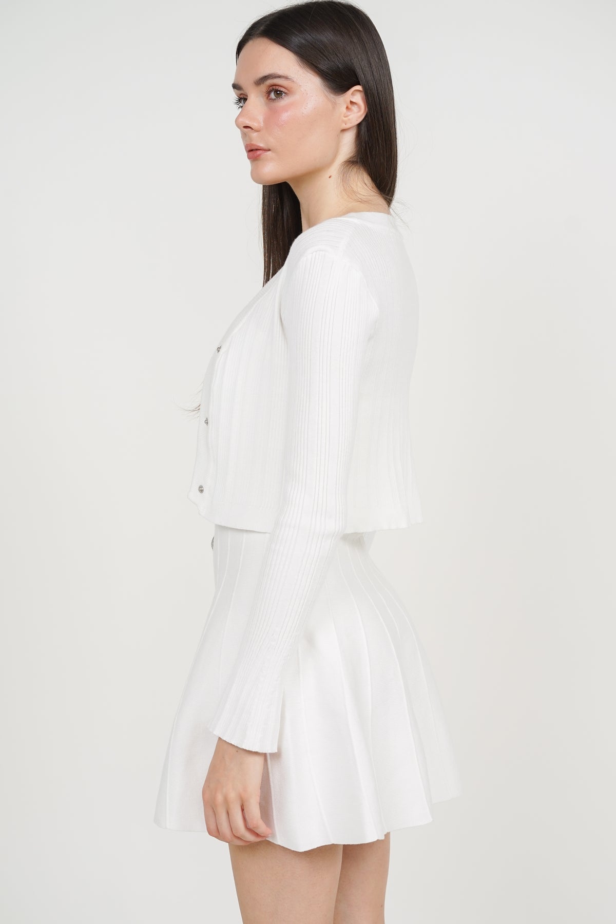 Knitted Button Cardi Dress Set in White