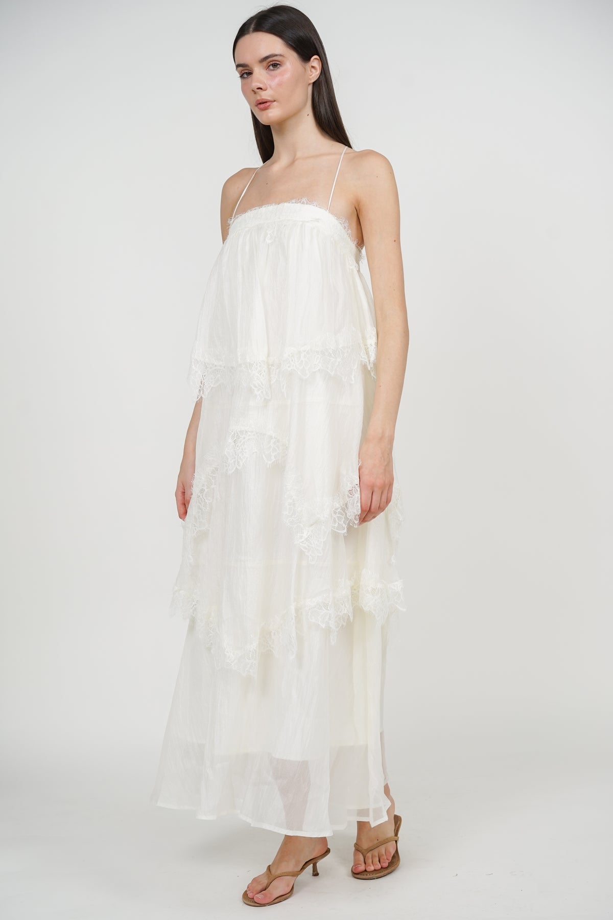 Backless Strap Lace Maxi Ruffle Dress in White