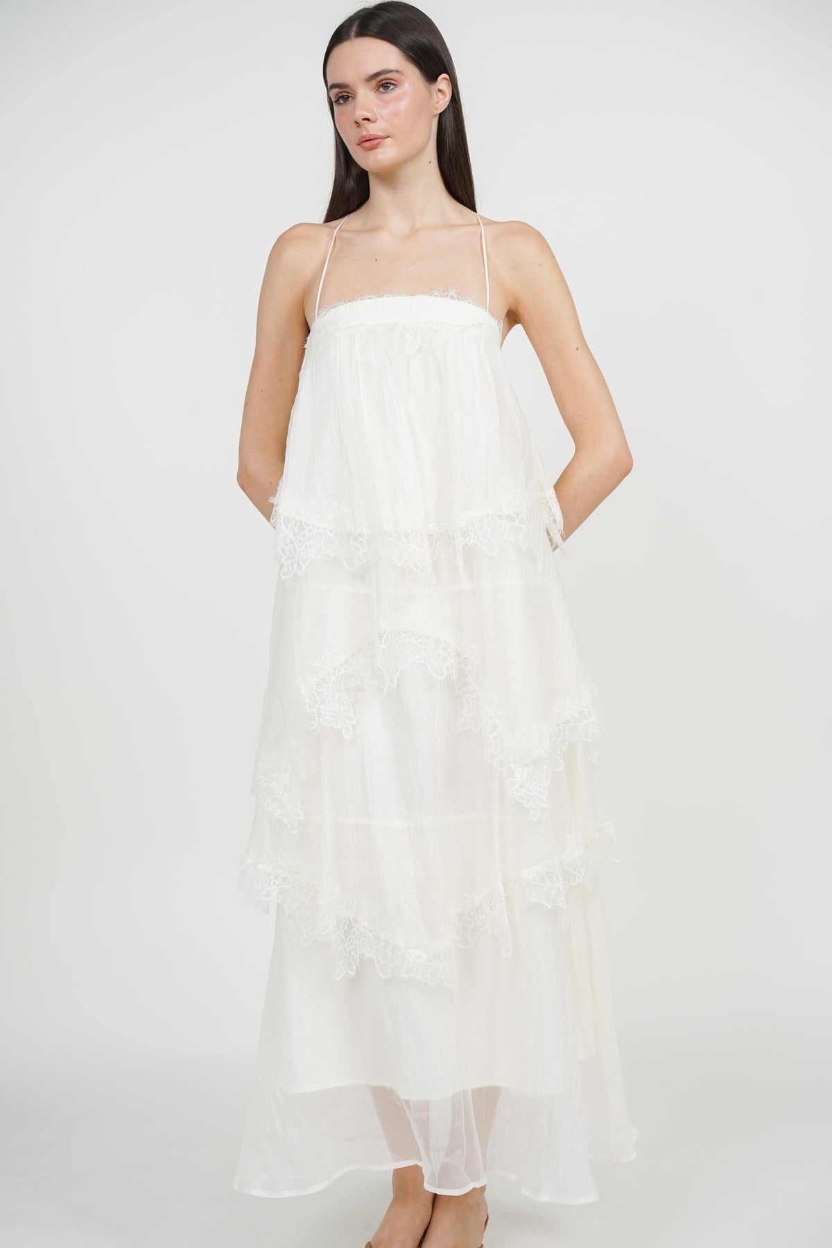 Backless Strap Lace Maxi Ruffle Dress in White