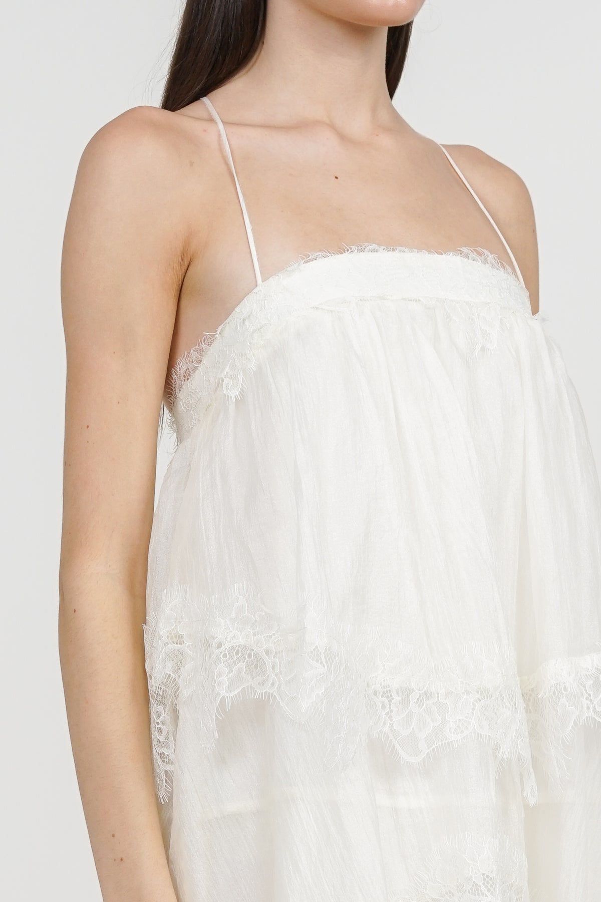 Backless Strap Lace Maxi Ruffle Dress in White