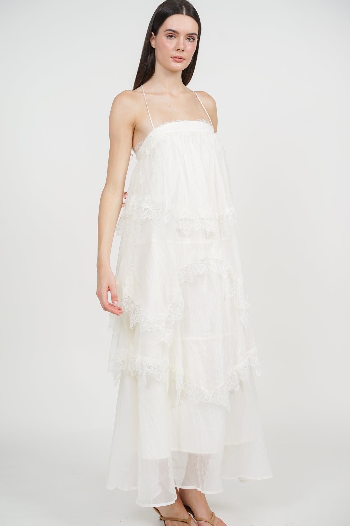 Backless Strap Lace Maxi Ruffle Dress in White
