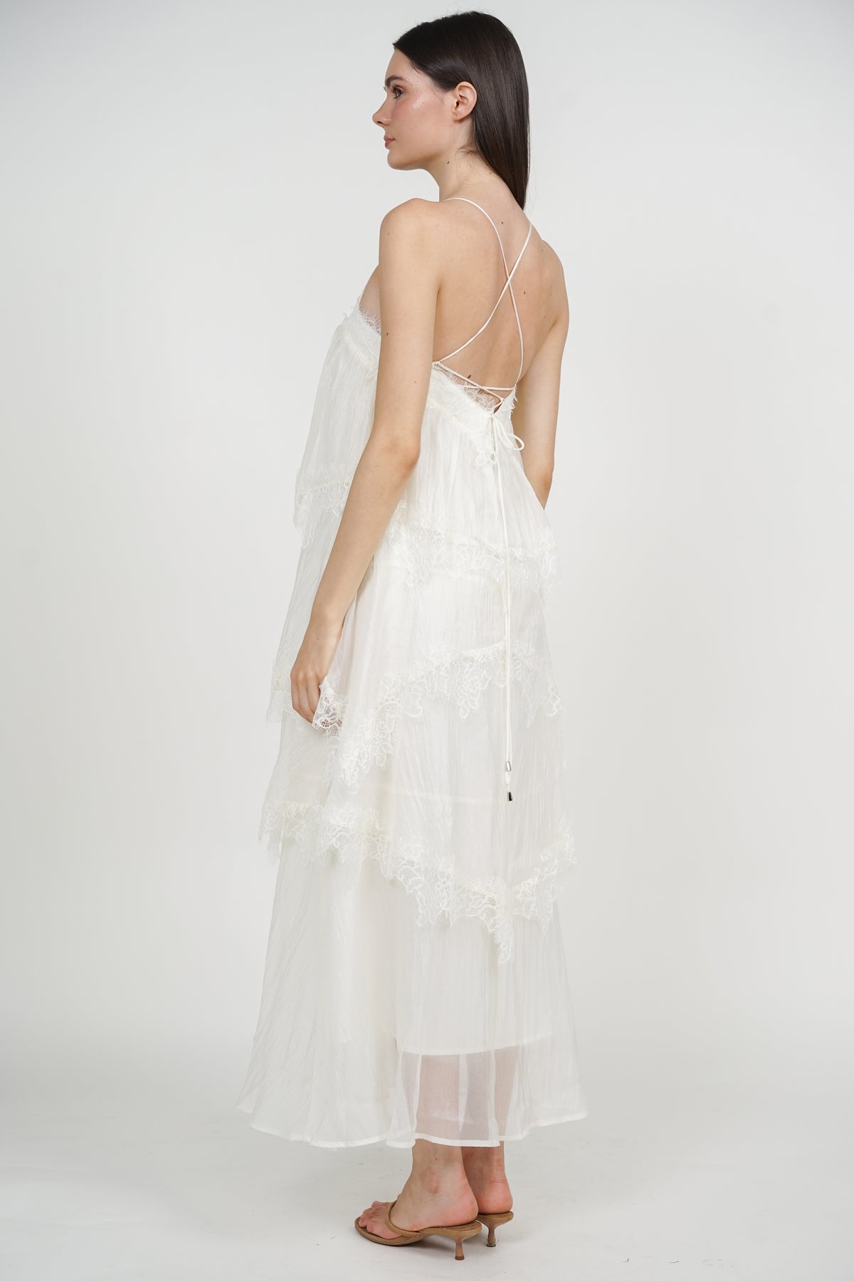 Backless Strap Lace Maxi Ruffle Dress in White