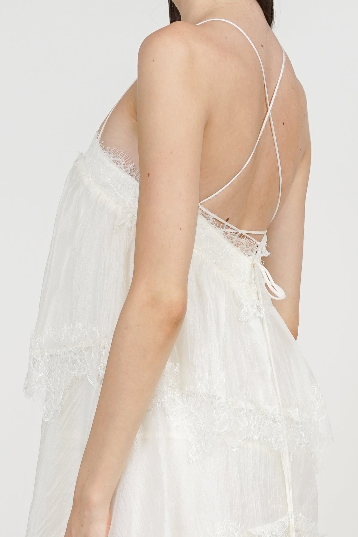 Backless Strap Lace Maxi Ruffle Dress in White