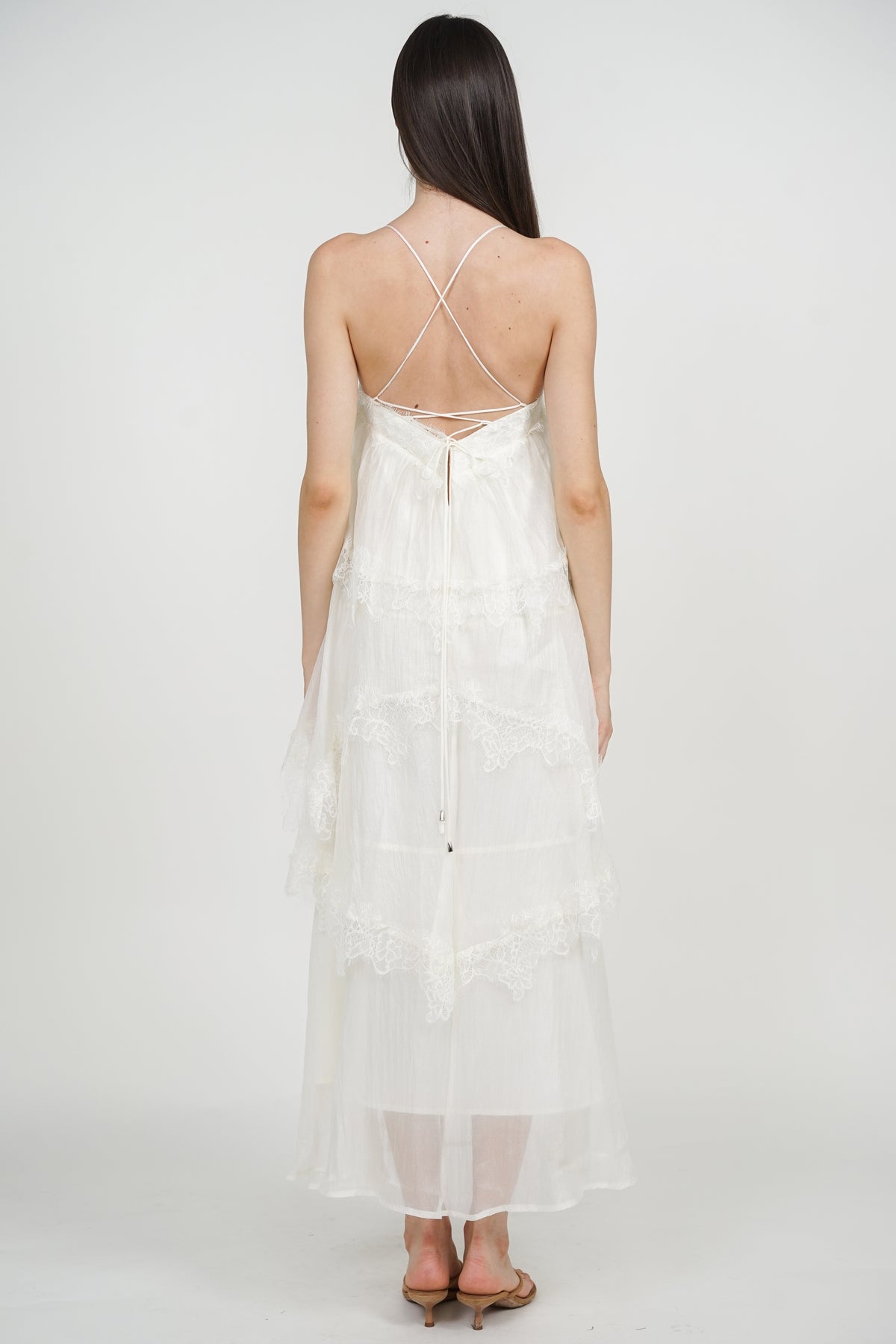 Backless Strap Lace Maxi Ruffle Dress in White