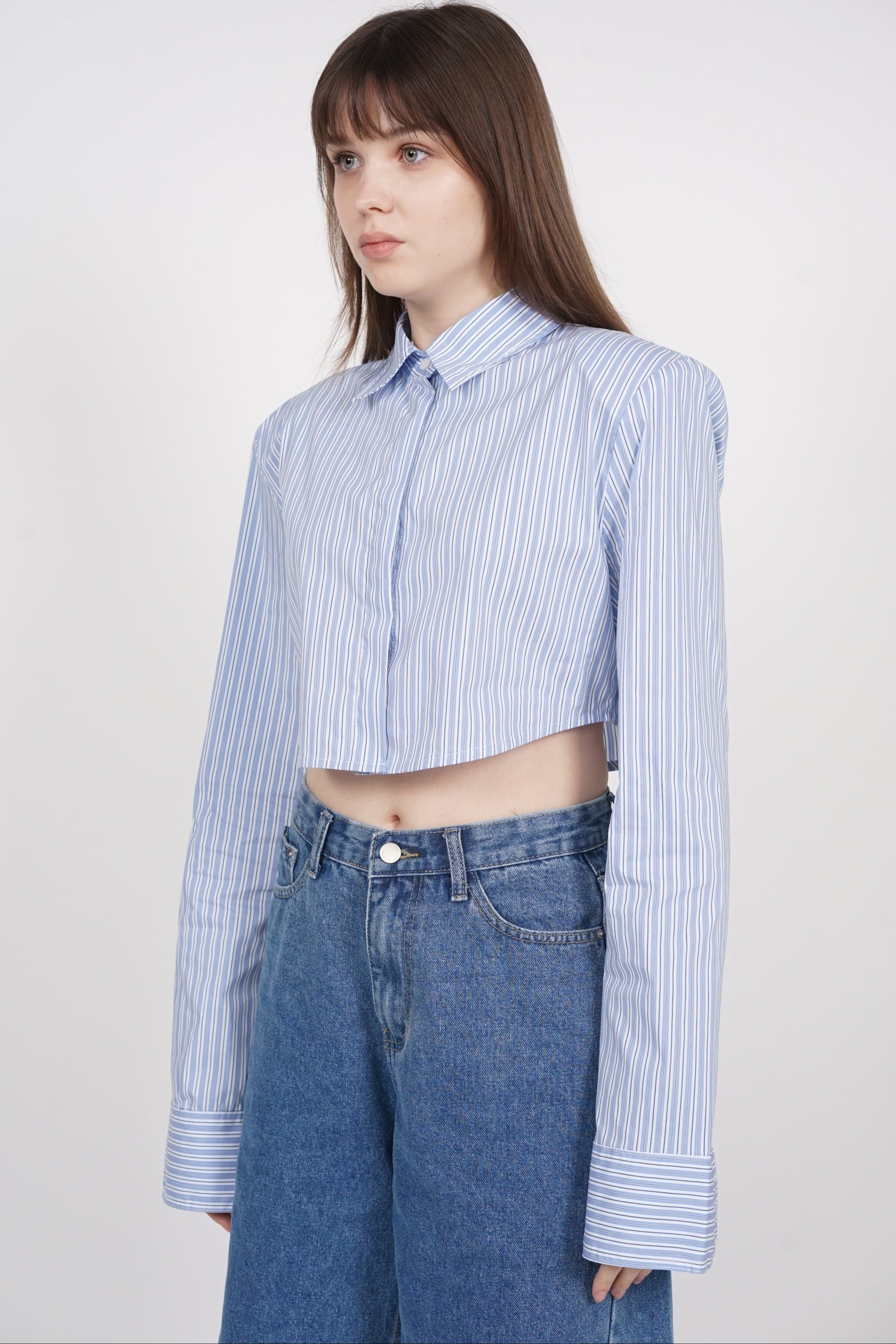 Cropped Collar Shirt in Blue Stripes