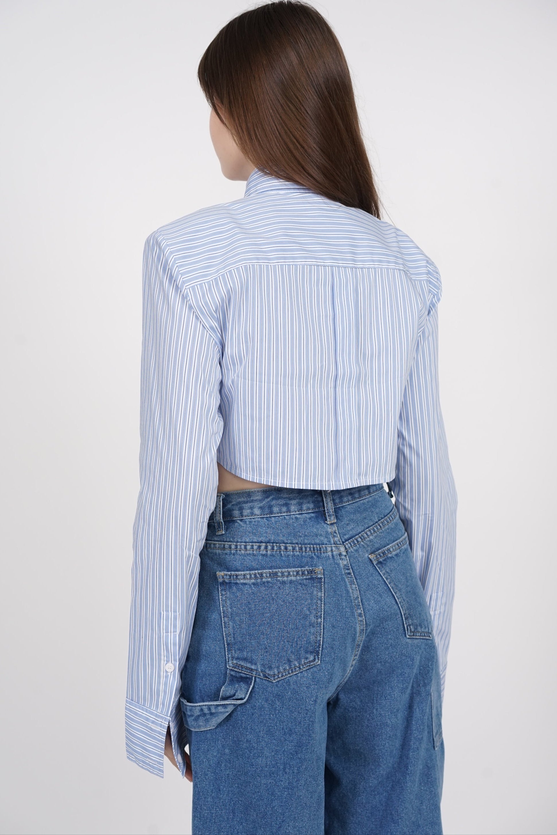 Cropped Collar Shirt in Blue Stripes