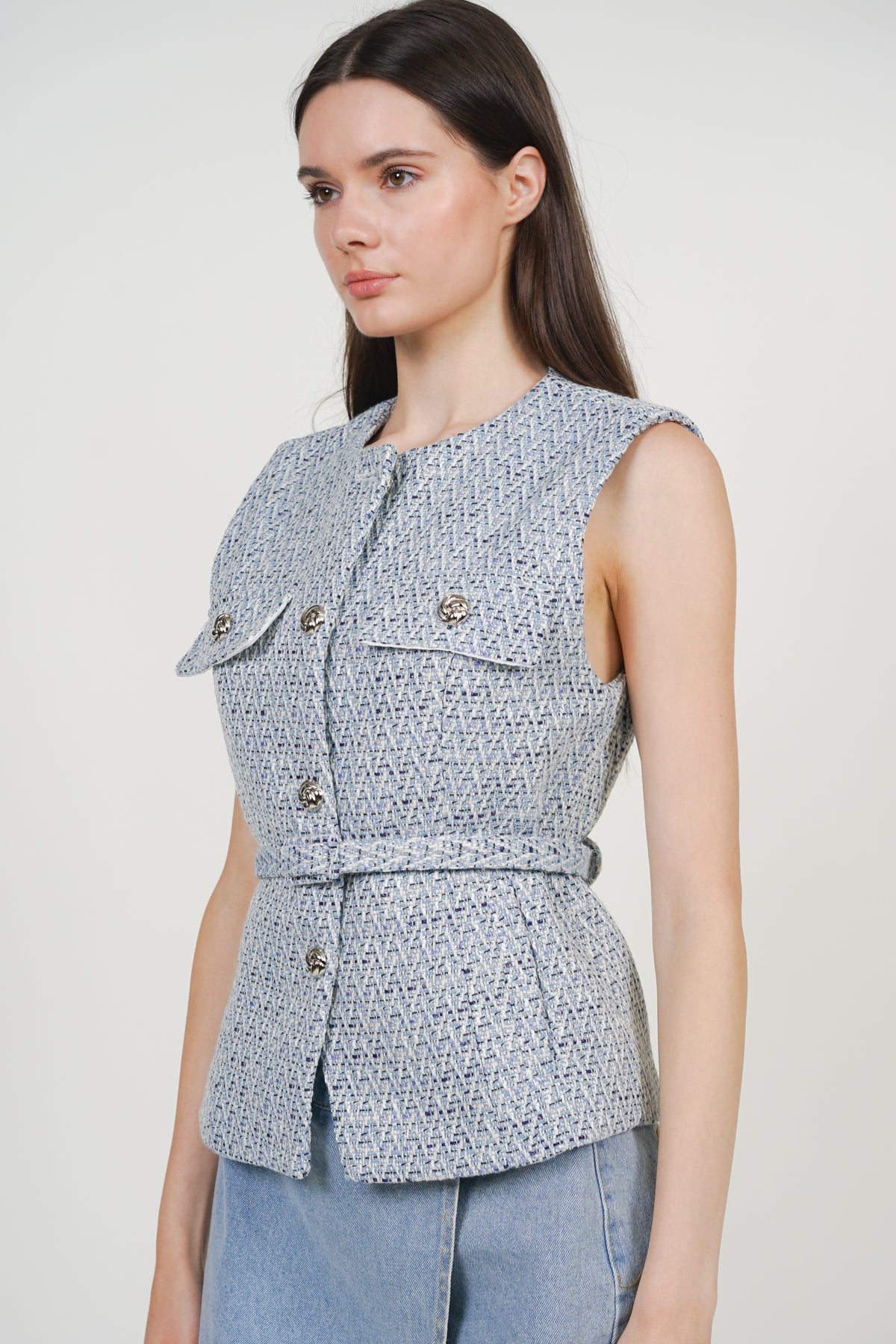 Tweed Belted Metallic Vest in Azure Blue
