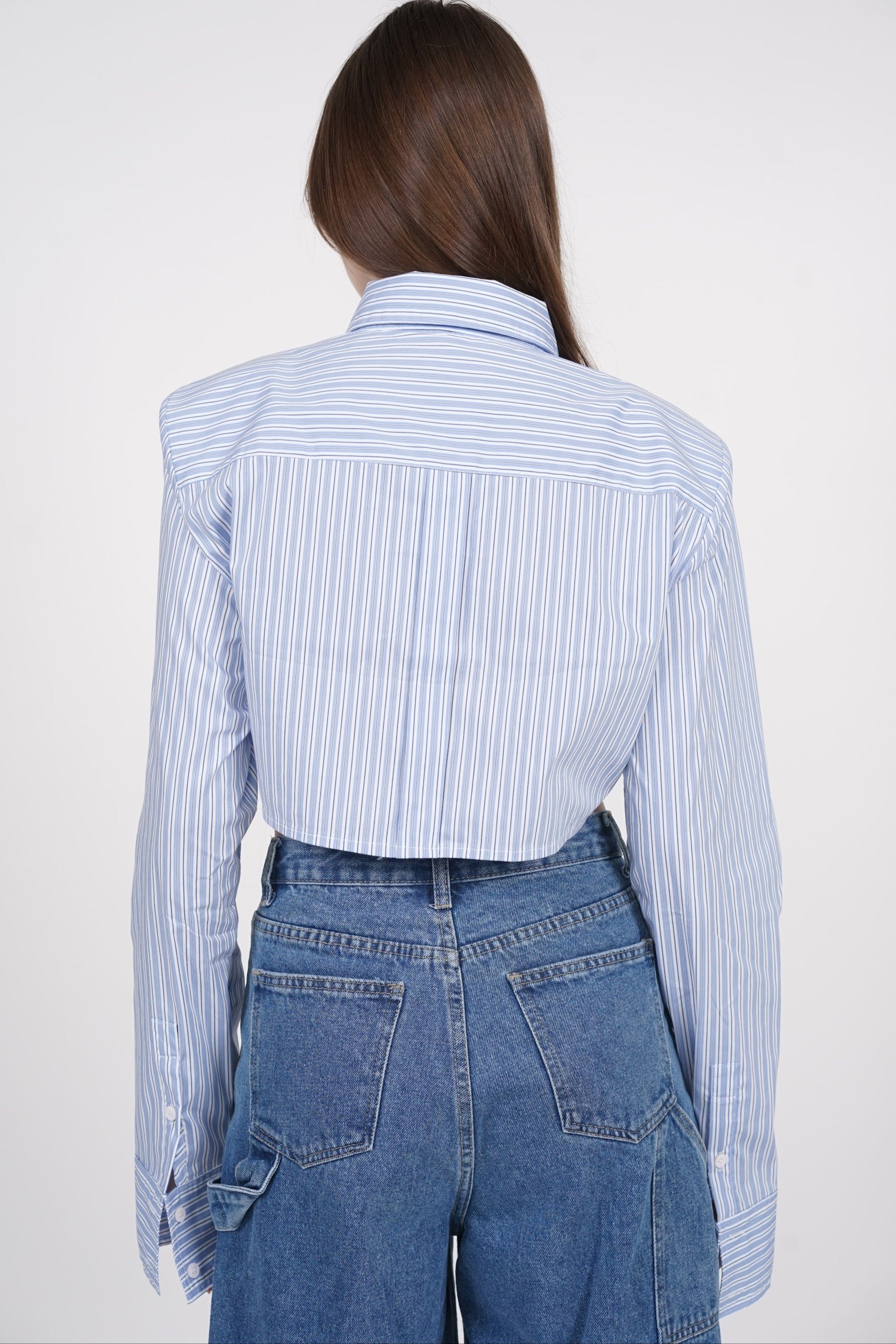 Cropped Collar Shirt in Blue Stripes