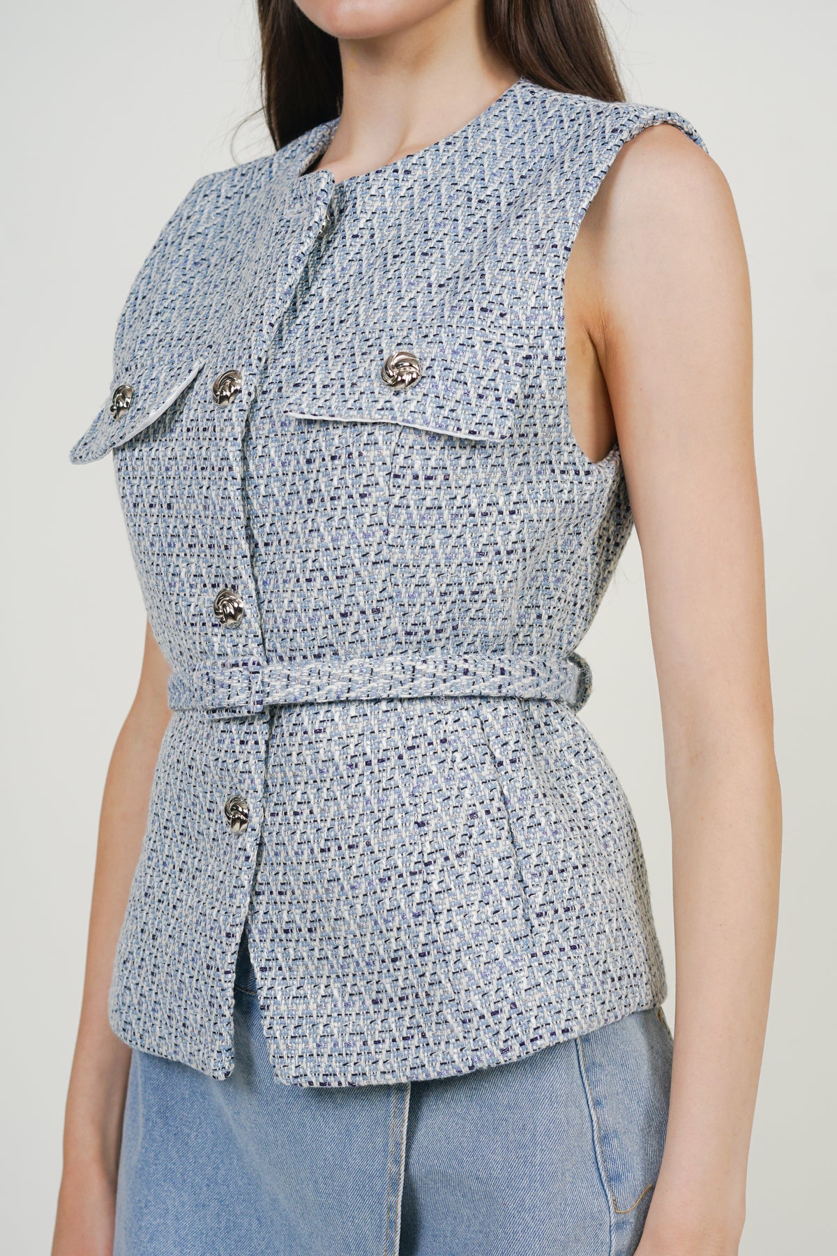 Tweed Belted Metallic Vest in Azure Blue