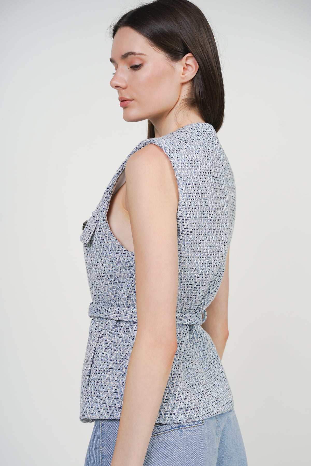 Tweed Belted Metallic Vest in Azure Blue