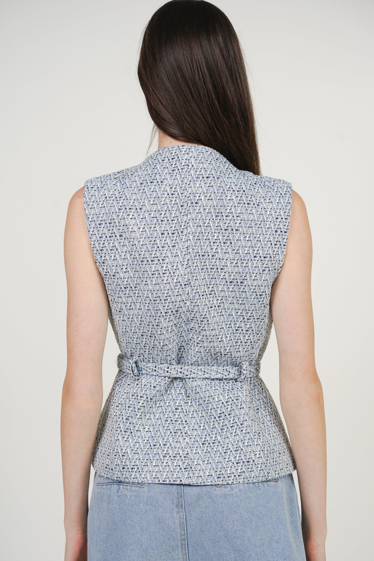 Tweed Belted Metallic Vest in Azure Blue