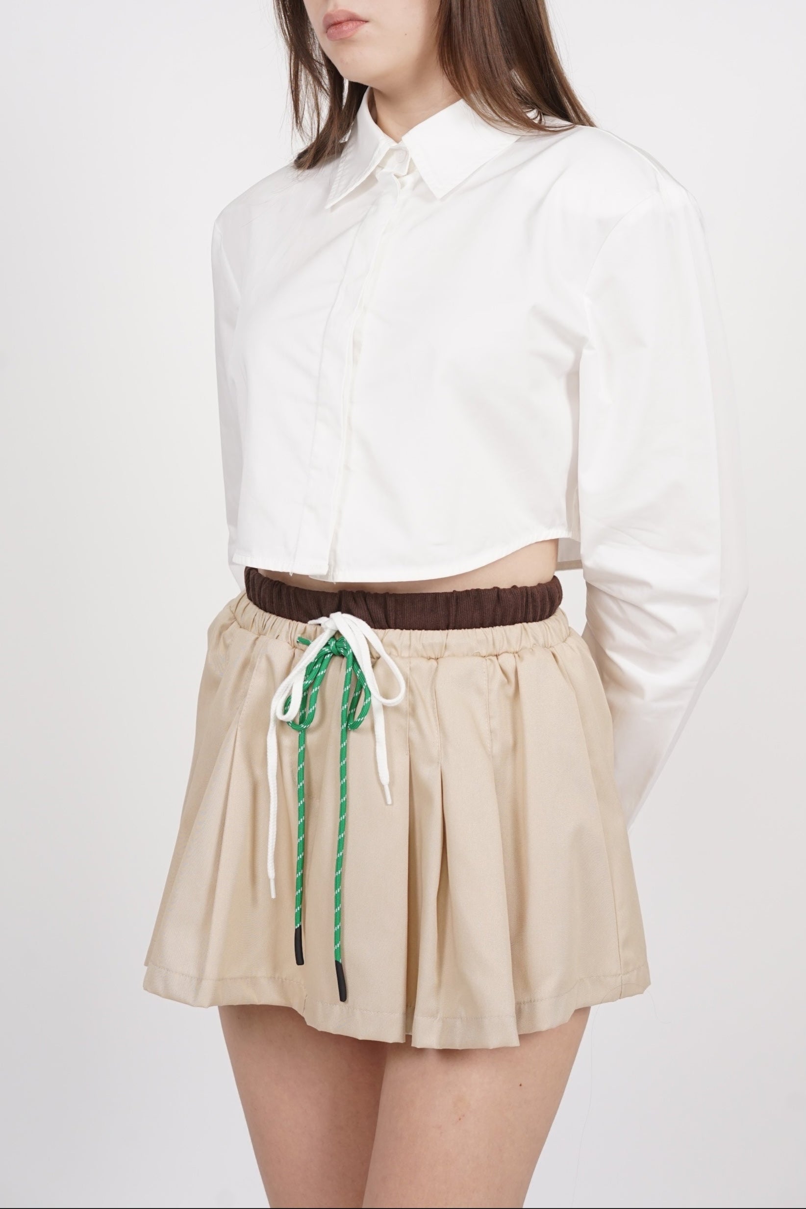 Contrast Pleated Skorts in Brown Khaki