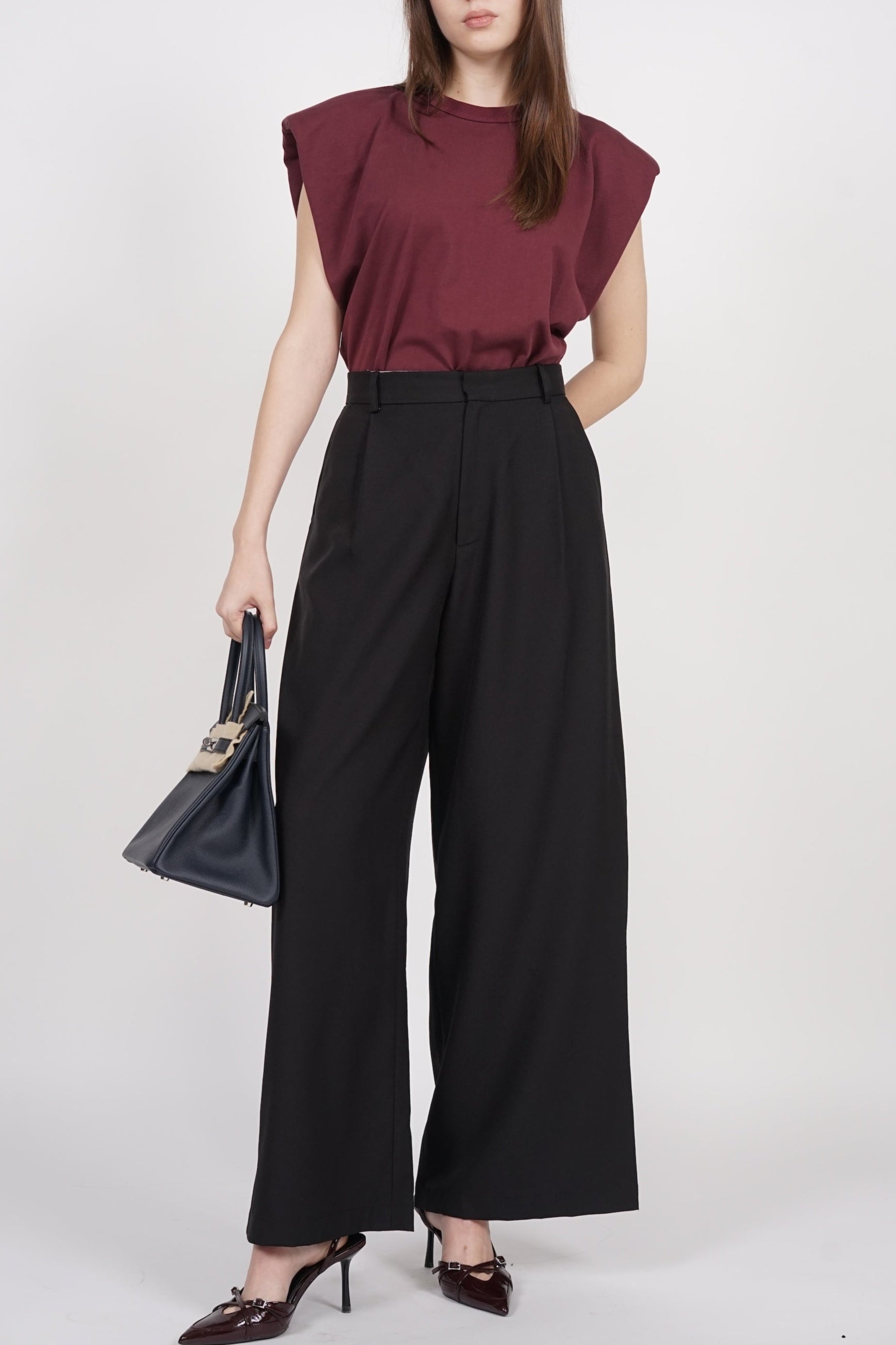 Front Pleat Low Waist Pants in Black