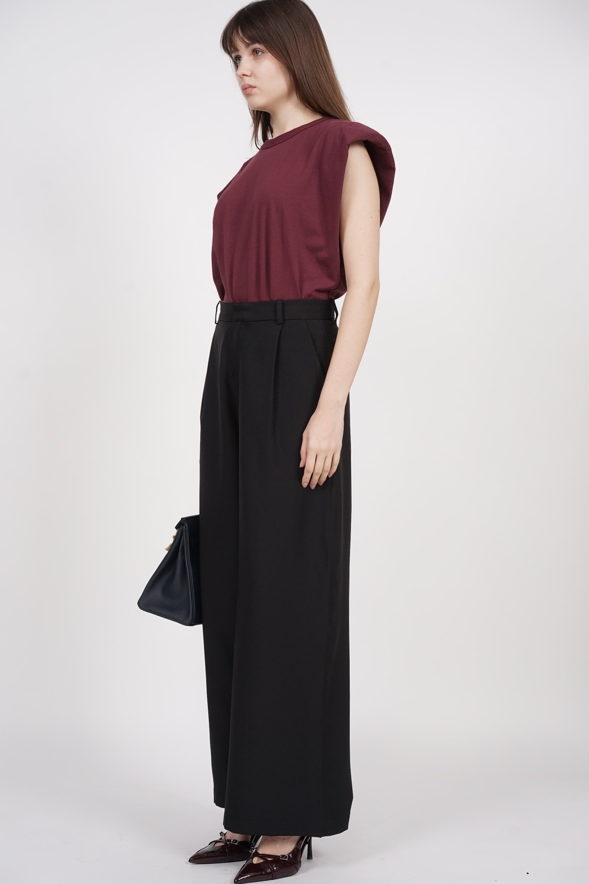 Front Pleat Low Waist Pants in Black