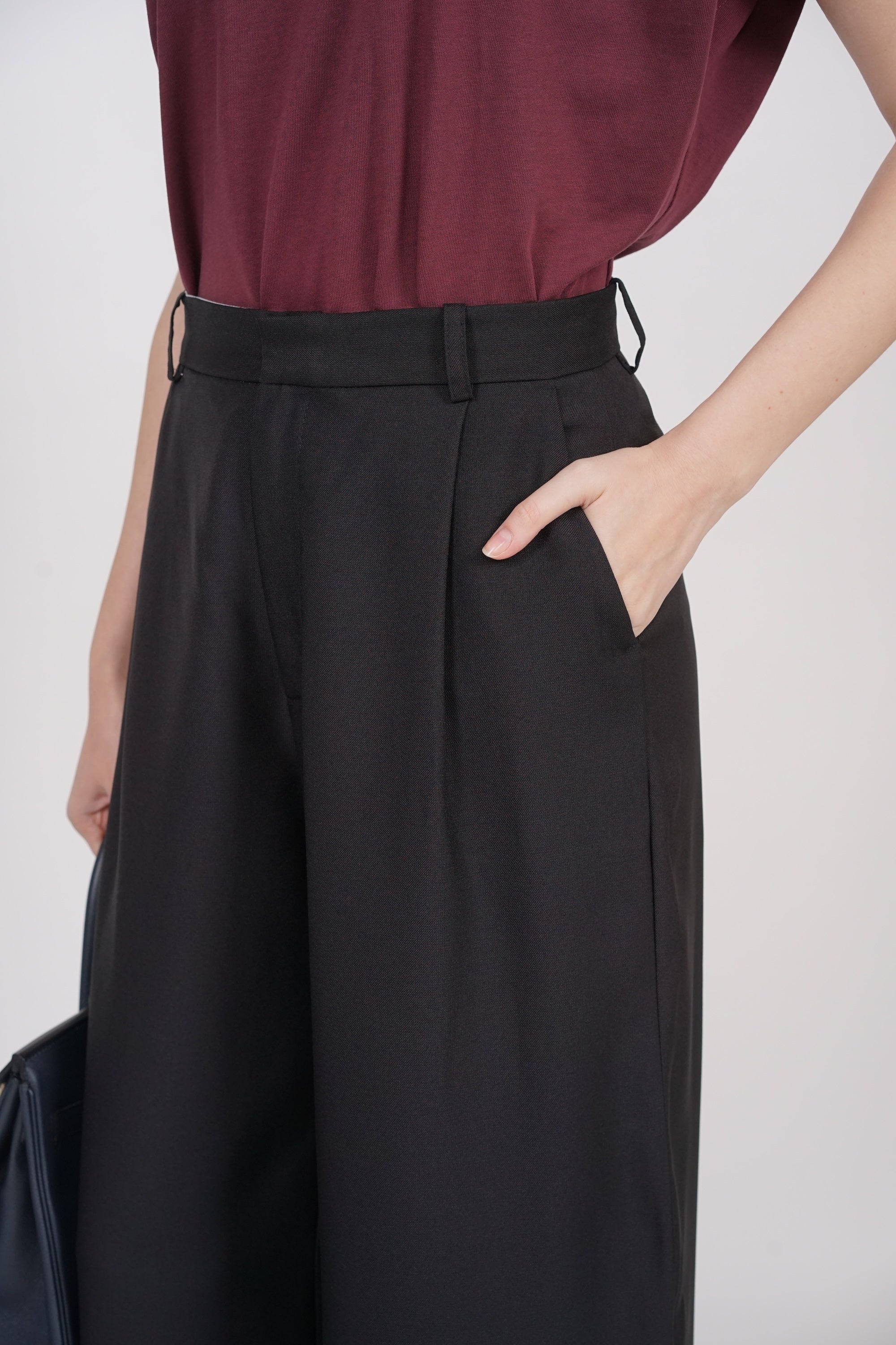 Front Pleat Low Waist Pants in Black