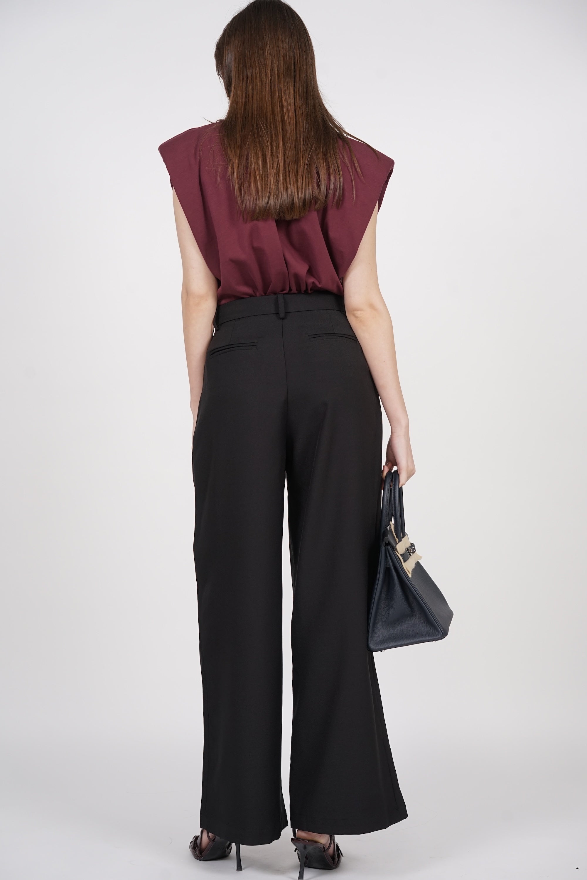 Front Pleat Low Waist Pants in Black