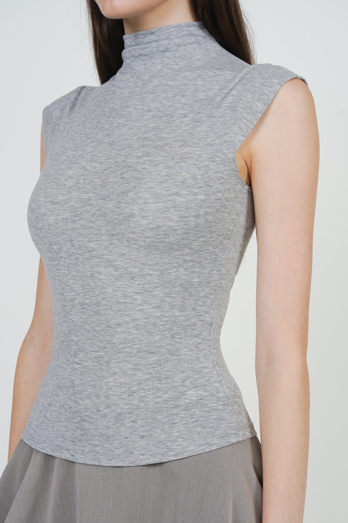 Turtleneck Cap Sleeve Top in Heather Grey