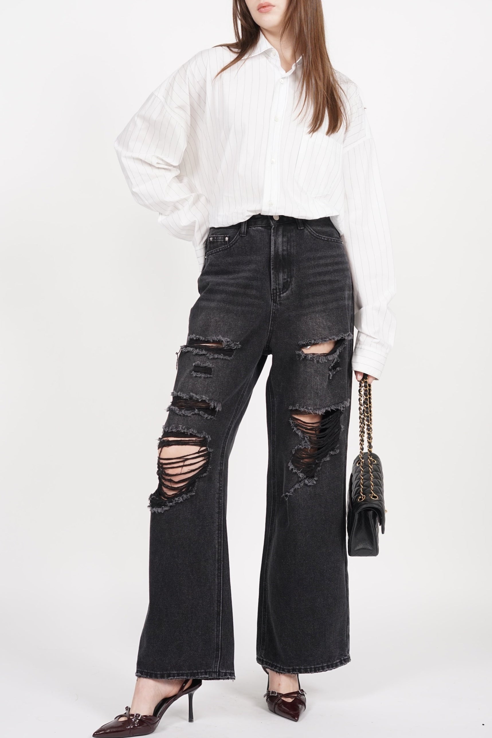 Baggy Ripped Jeans in Washed Black - Main Image