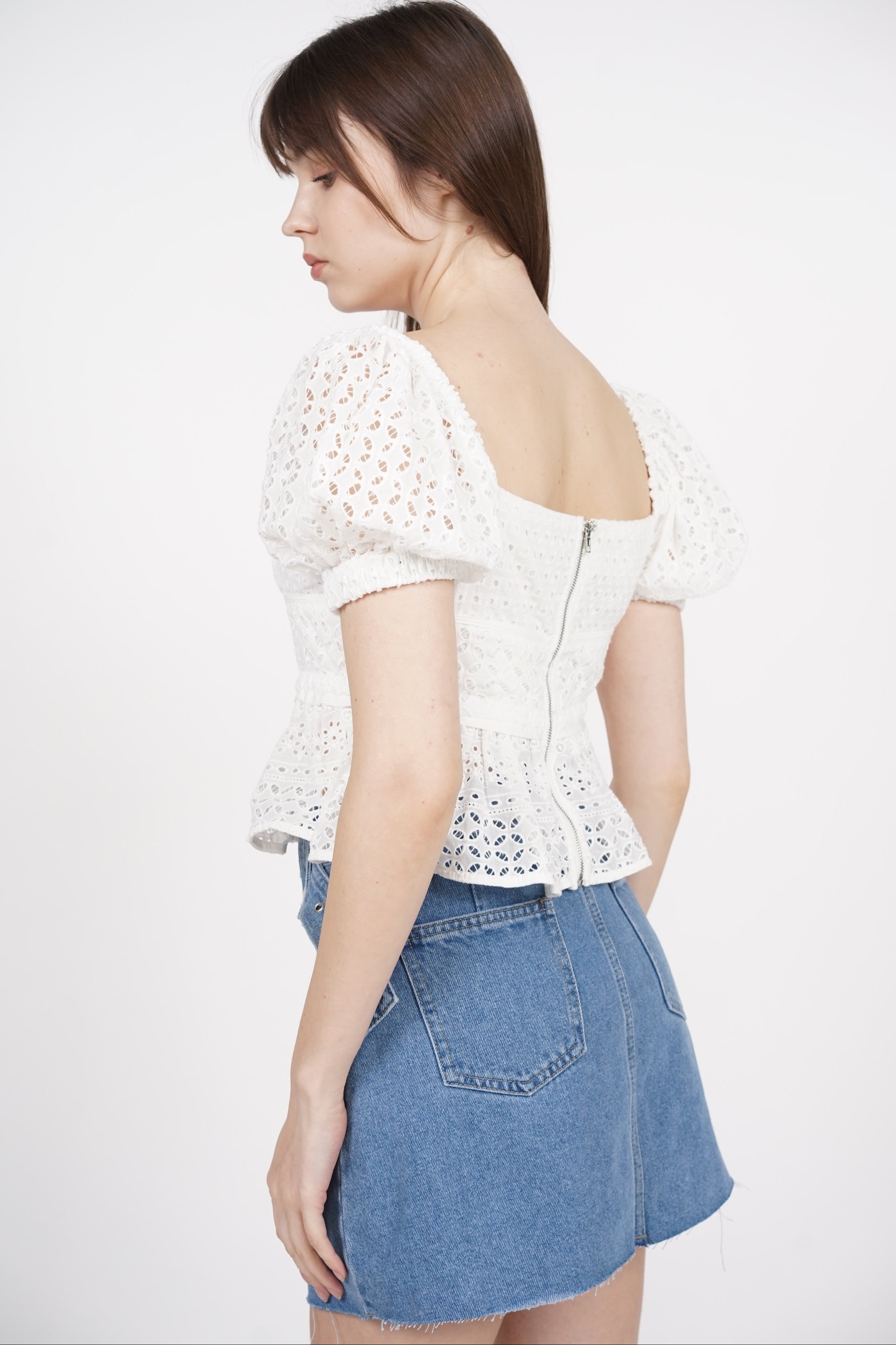 Puff Sleeve Eyelet Top in White